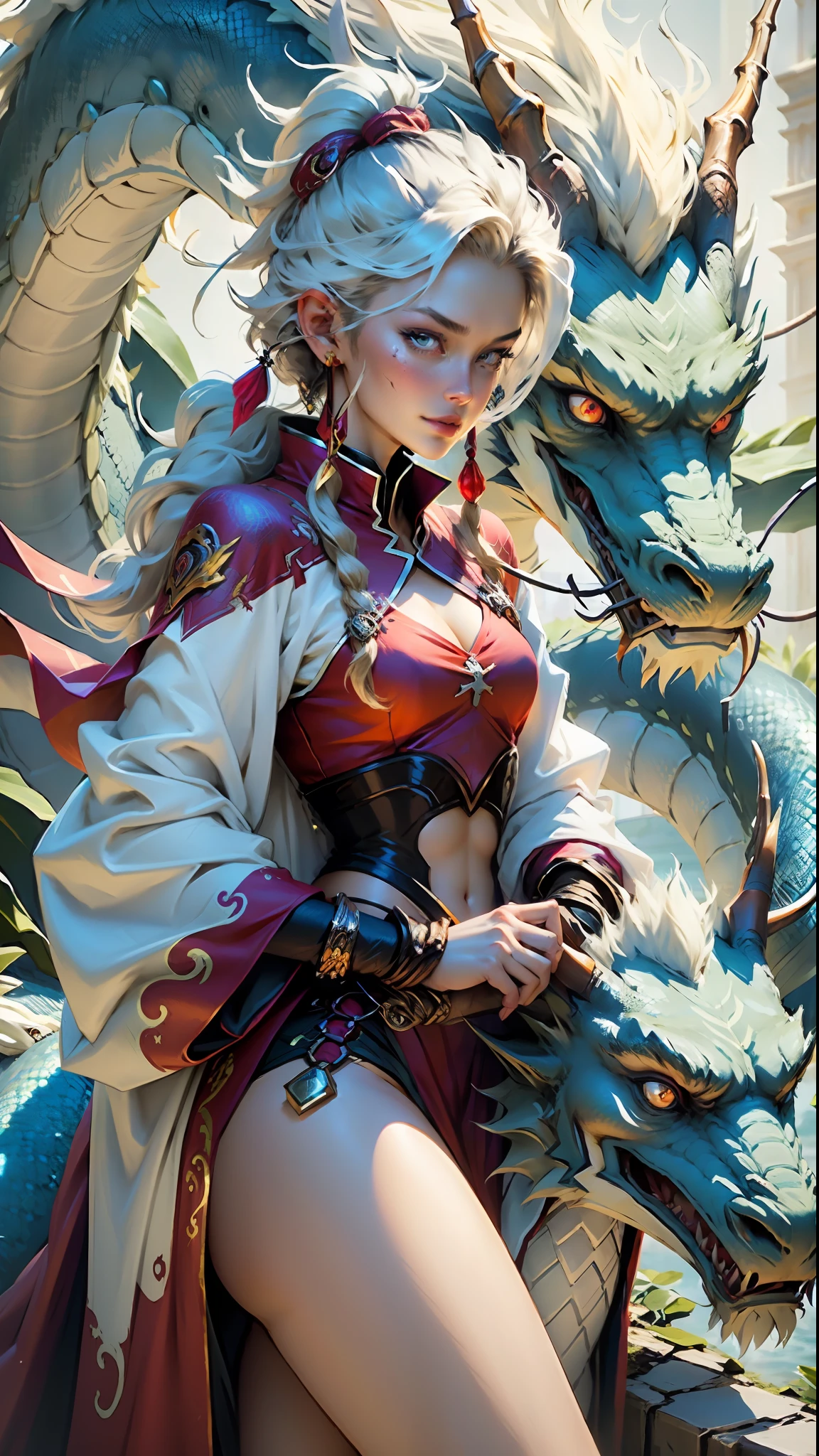 tmasterpiece,Best quality,Dragon Knight,brightly,woman,Behind it is the dragon