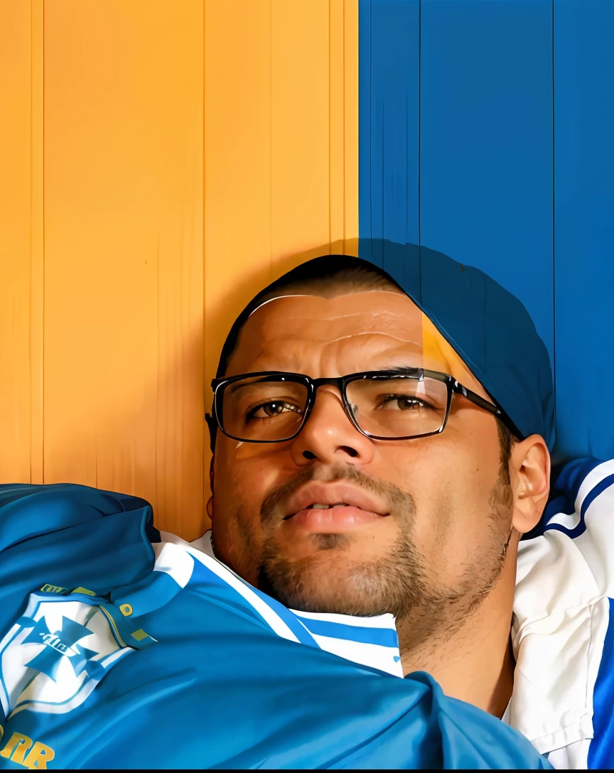 There's a man lying on a bed with a football shirt on, Ronaldo Nazario Fenomeno, Ronaldo Nazario, Ronaldo Luis Nazario de Lima, caio santos, Ronaldo Phenomenon, edu souza, david rios ferreira, Ronaldo Luis Nazario da Lima, Carmelo Blandino, Ronaldo brasileiro, Dan dos Santos, icaro carvalho