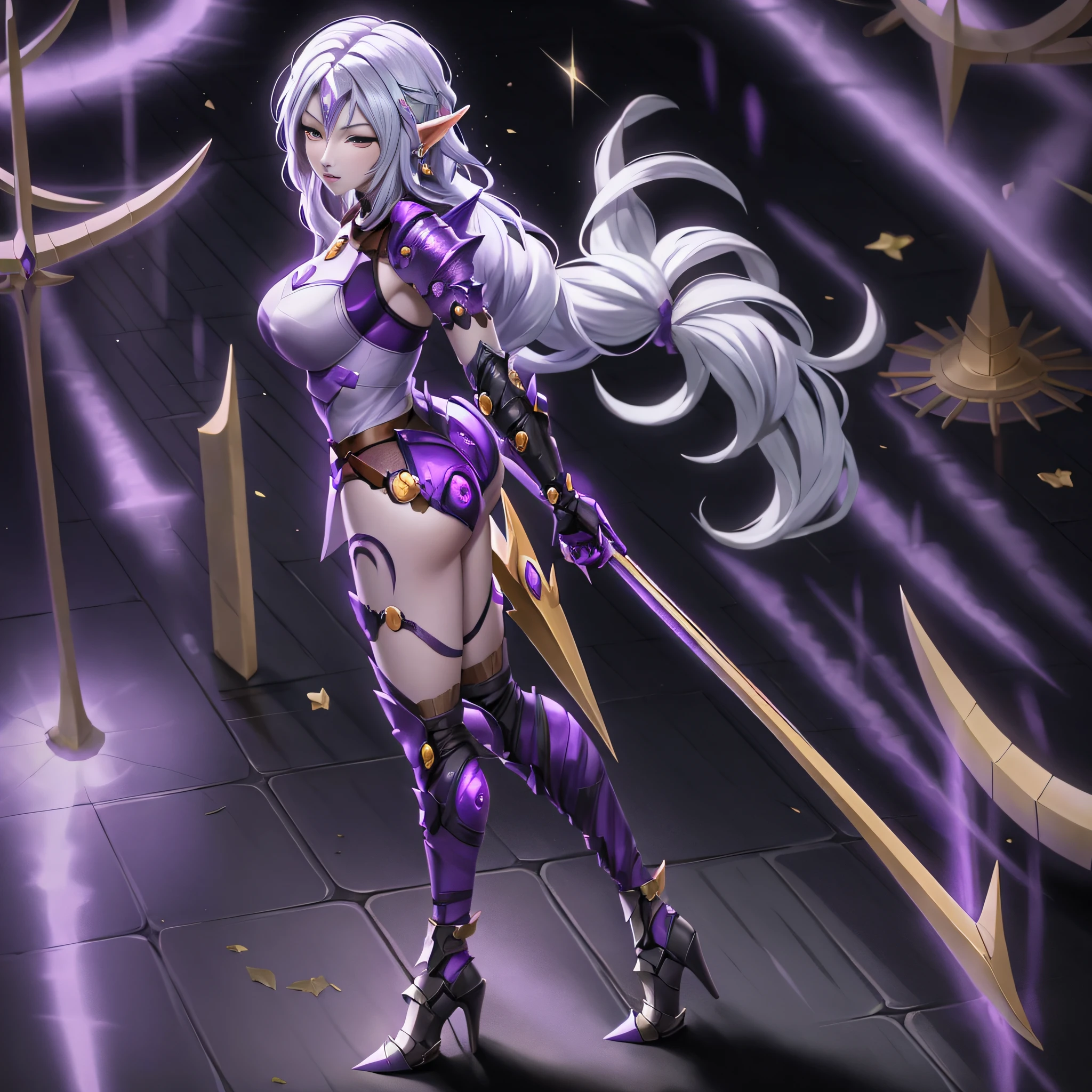 anime style, full body, female elf knight, full armor, (purple background)(purple theme)