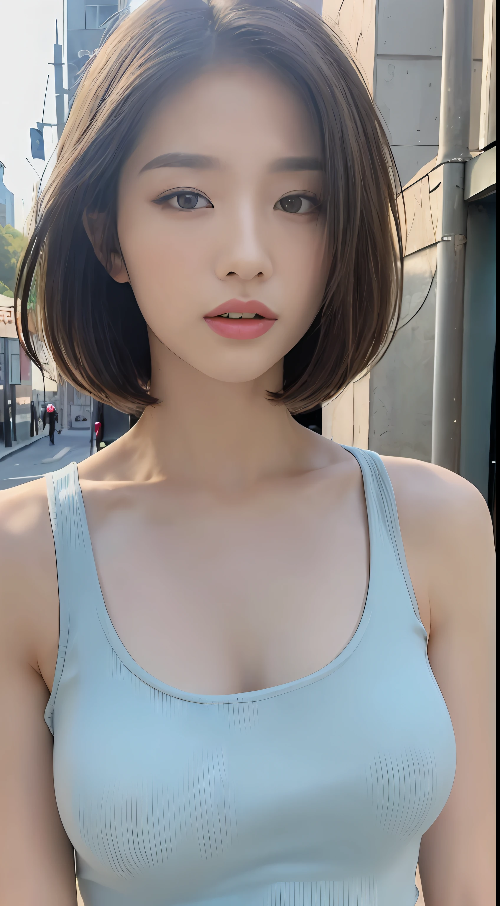 ((Best quality, 8k, Masterpiece :1.3)), Sharp focus :1.2, A pretty woman with perfect figure :1.4, Slender abs :1.2, ((Layered haircut, Big breasts :1.2)), (Tank top shirt :1.1), (Street :1.2), Highly detailed face and skin texture, Detailed eyes, Double eyelid