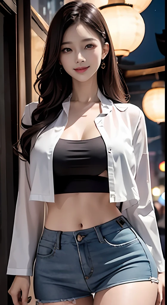 (8k, best quality, masterpiece:1,2), (realistic, photo-realistic:1,37), top quality, masterpiece, a beautiful woman, wearing a shirt for women crop v neck top white t-shirt korean fashion women t with a tight open gray color jacket, beautiful and toned body, cleavage, floral mini skirt, walking in the suburbs, slightly drizzling night background, in shops with Korean-style shop lights, night atmosphere, slightly wet asphalt, seductive smiles with dimples,