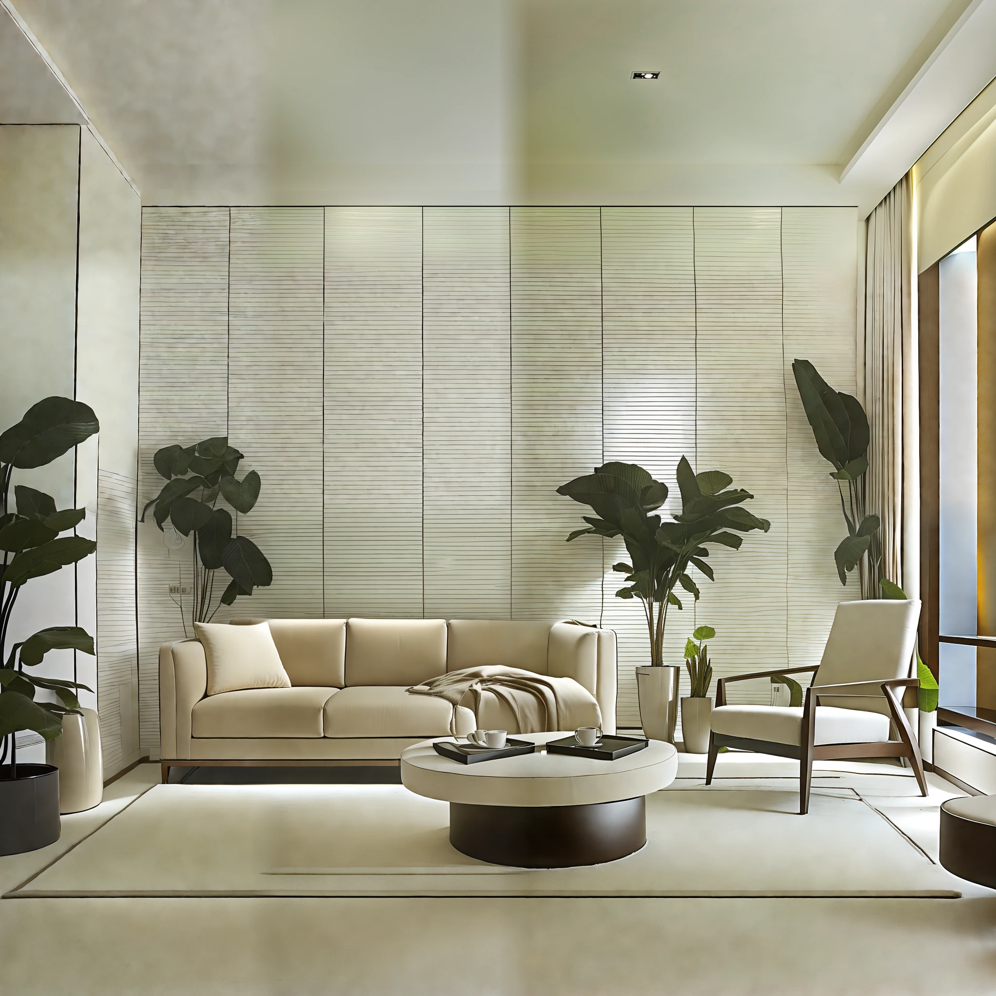 minimalist modern living room,white walls, large windows, neutral colors, clean lines, contemporary furniture, armchair, coffee table, rug, tv stand, open space, indoor plants, soft lighting, high resolution