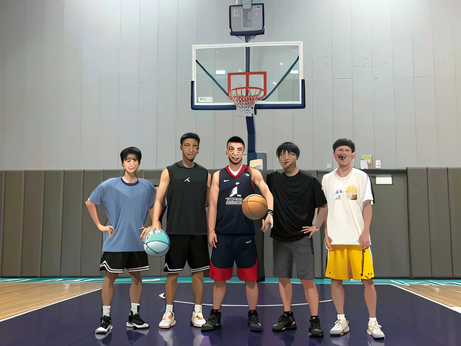 "In a basketball game,Several men of different heights were standing inside the gym,Dribbling game with basketball。They wore basketball shirts,Blood boil,A fierce confrontation is taking place around the basketball court of the high school gymnasium。One of them was 155 centimeters tall,Demonstrated extraordinary slam dunk skills,It's like it's a real version《Slam Dunk》。The 165-centimeter-tall man also showed excellent basketball skills,attention-grabbing。They competed against 45-year-old male basketball enthusiast Steve Cheng,Evoked his passion for basketball。This basketball game became a moment of excitement between each other,It shows the charm and vitality of basketball。"