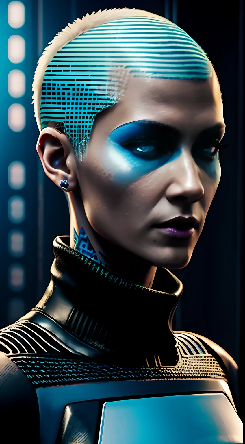 digital portrait painting, cyberpunk woman with a long white pixie half shaved haircut and blue eyes, cybernetic implants and tattoos, wearing a techwear top, hyper detailed, intricate details, sharp lines, cyberpunk aesthetic city background, high quality --ar 2:3