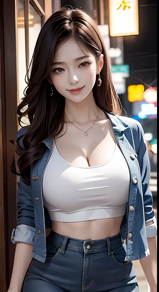 (8k, best quality, masterpiece:1,2), (realistic, photo-realistic:1,37), top quality, masterpiece, a beautiful woman, wearing a shirt for women crop v neck top white t-shirt korean fashion women t with a tight open gray color jacket, beautiful and toned body, cleavage, floral mini skirt, walking in the suburbs, slightly drizzling night background, in shops with Korean-style shop lights, night atmosphere, slightly wet asphalt, seductive smiles with dimples,