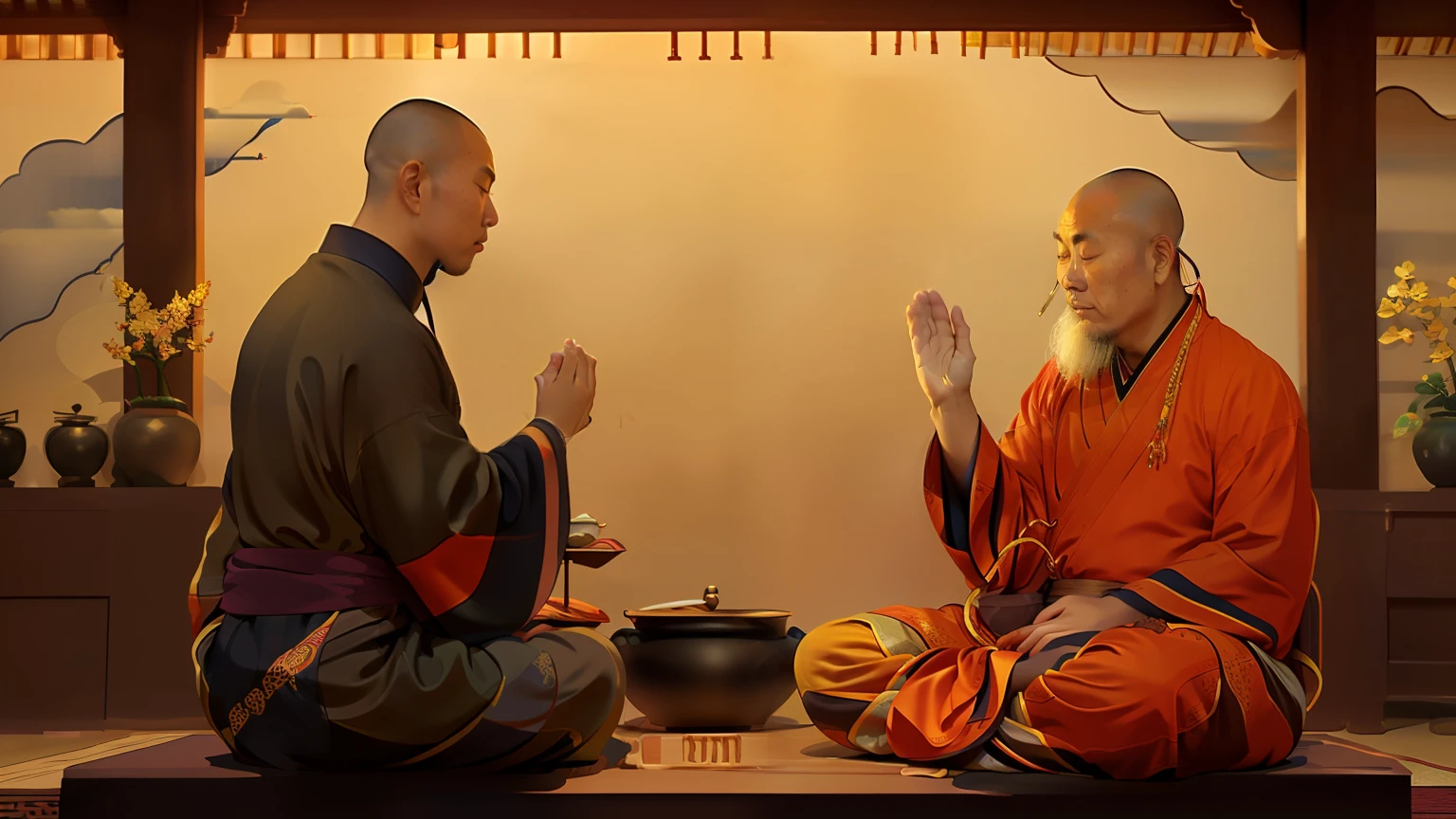 two monks sitting on the floor talking to each other, arte conceitual de um monge, wearing flowing robes, Taoism, 2 1 st century monk, vestindo vestes marrons, Monge fisting, monge meditar, taoist, Monges, inspired by Kaigetsudō Anchi, taoist master, inspired by Shūbun Tenshō, budismo