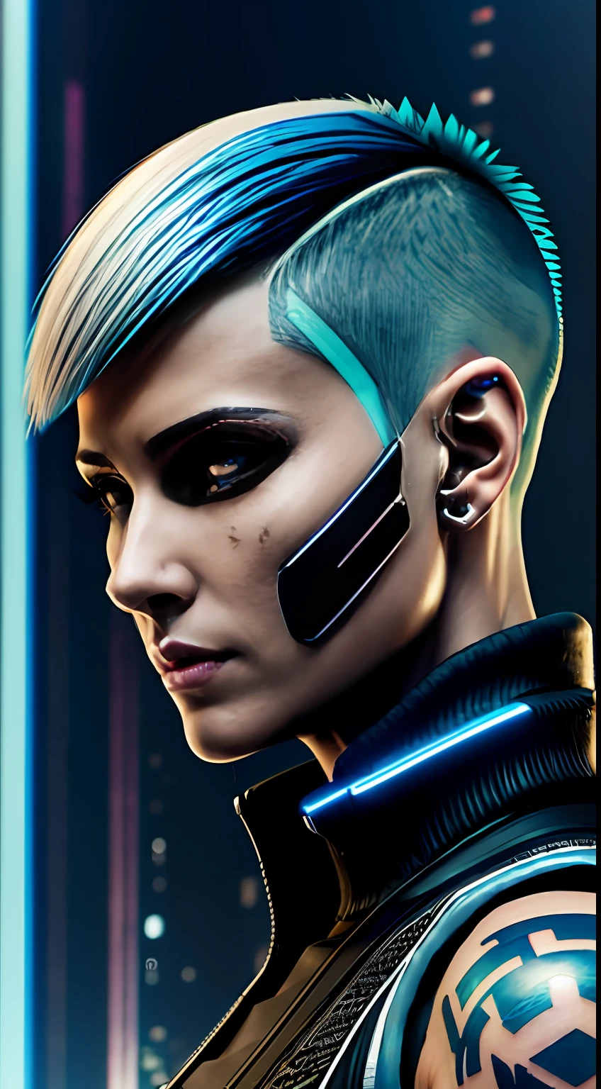 digital portrait painting, cyberpunk woman with a long white pixie half shaved haircut and blue eyes, cybernetic implants and tattoos, wearing a techwear top, hyper detailed, intricate details, sharp lines, cyberpunk aesthetic city background, high quality --ar 2:3