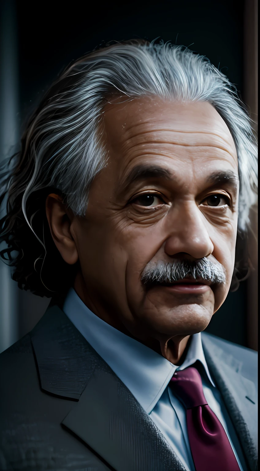 A professional photograph of of Albert Einstein, sharp focus on eyes, the tight framing emphasizes his gentle facial features, portrait photography, with detailed skin textures, wearing a light sweater, shallow depth of field, Otus 85mm f/1.4 ZF.2 Lens, ISO 200, f/4, 1/250s, 8k --ar 2:3 --no blur, distortion, mutation, 3d, 2d, illustration