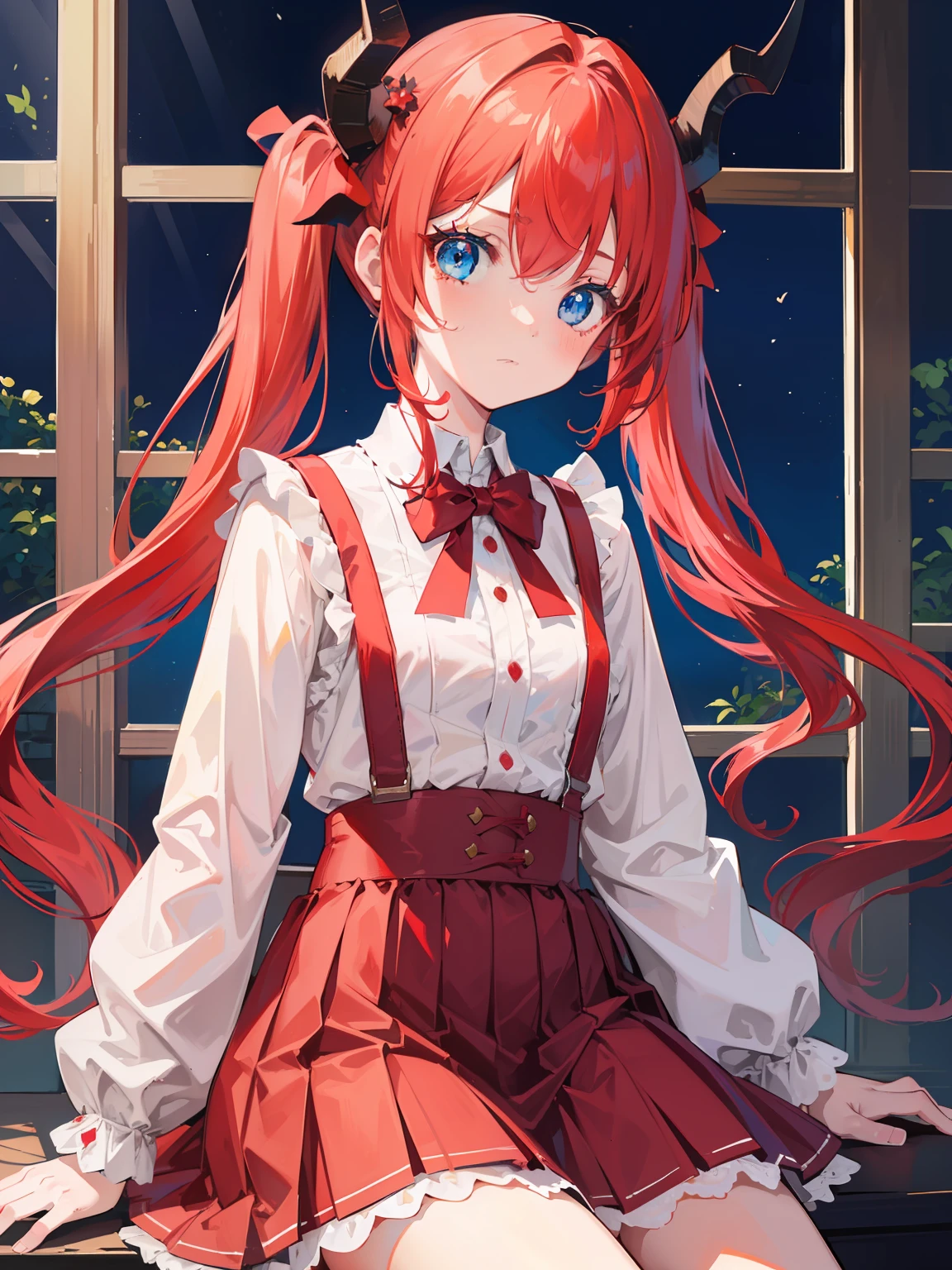 {{best quality}}, {{masterpiece}}, {{ultra-detailed}}, {illustration}, {detailed light}, red hair,blue eyes,twintails,lolita,Suspenders skirt,Fantastic,loli,solo,Dragon horns,little girl,long hair