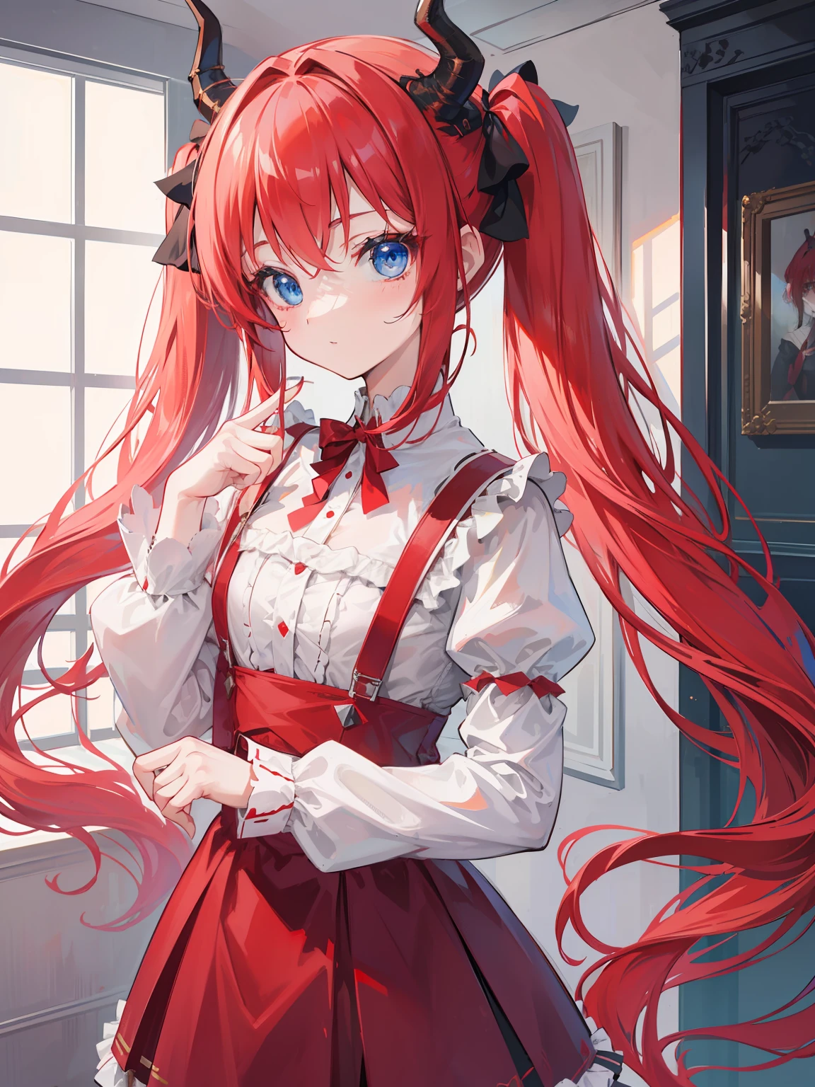 {{best quality}}, {{masterpiece}}, {{ultra-detailed}}, {illustration}, {detailed light}, red hair,blue eyes,twintails,ta,Suspenders skirt,Fantastic,lolio,Dragon horns,little gir