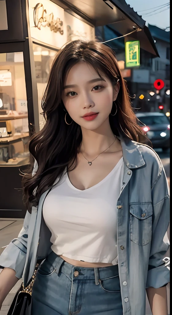 (8K,best qualtiy,tmasterpiece:1,2),(realisticlying,photo-realistic:1,37),top Quority,tmasterpiece,a beautiful woman,Wearing women's cut shirt V-neck white t-shirt korean fashion female T with tight open gray jacket,Beautiful and toned body,Floral miniskirt,walking in the suburbs,Slightly drizzy night background,In a store with Korean-style shop lights, The atmosphere of the night,Slightly moist bitumen,An alluring smile with dimples,
