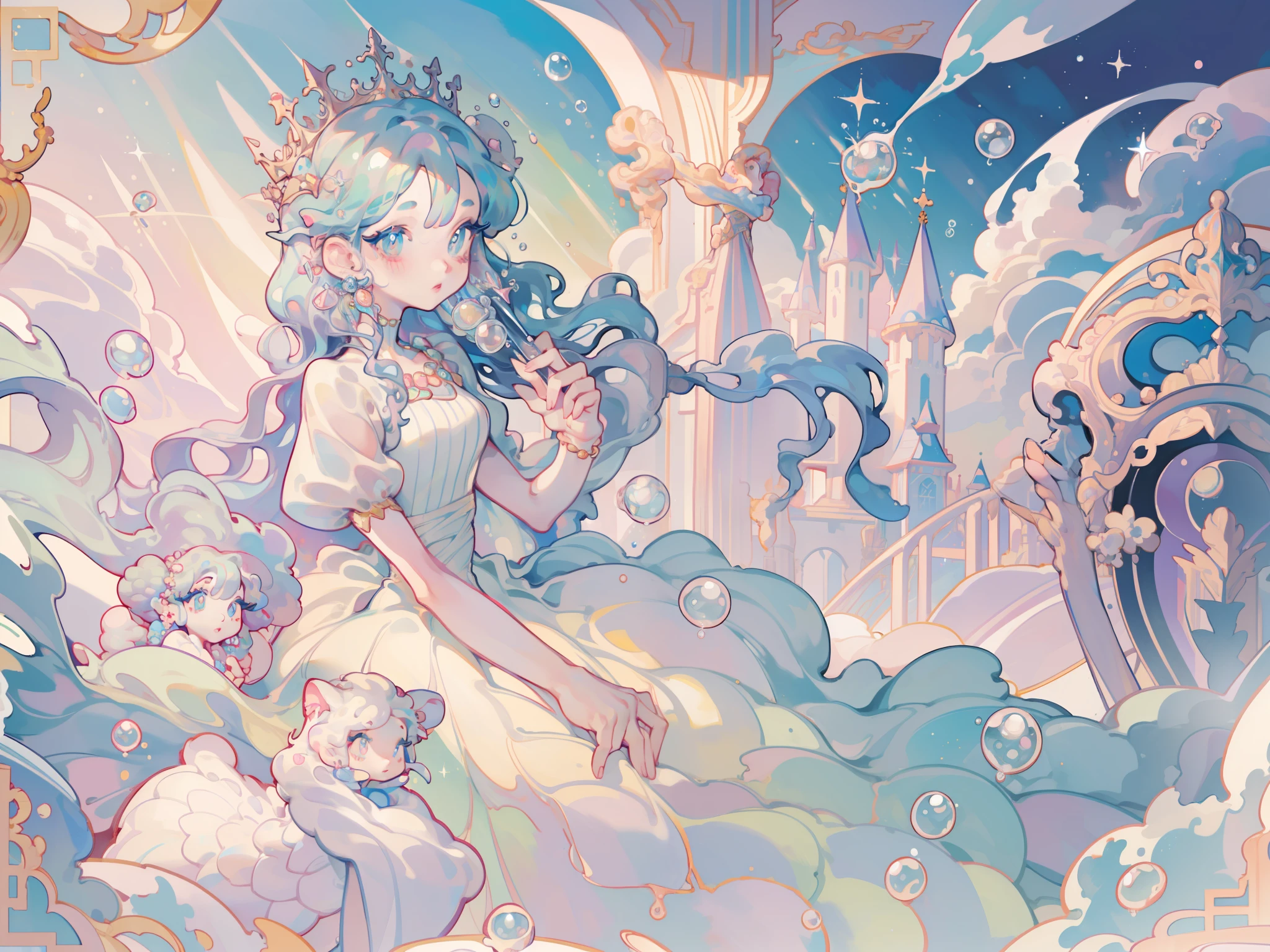 masterpiece, best quality, 8k resolution, sharp focus, intricate detail, beautiful girl, sparkling eyes, golden ratio face, otherworldly liquid, watercolor, ((pastel colors)), bright colors, whimsical, colorful, sharp focus, high resolution, fine detail, princess fantasy ballgown, ((round eyes)), iridescent bubbles, castle landscape in background