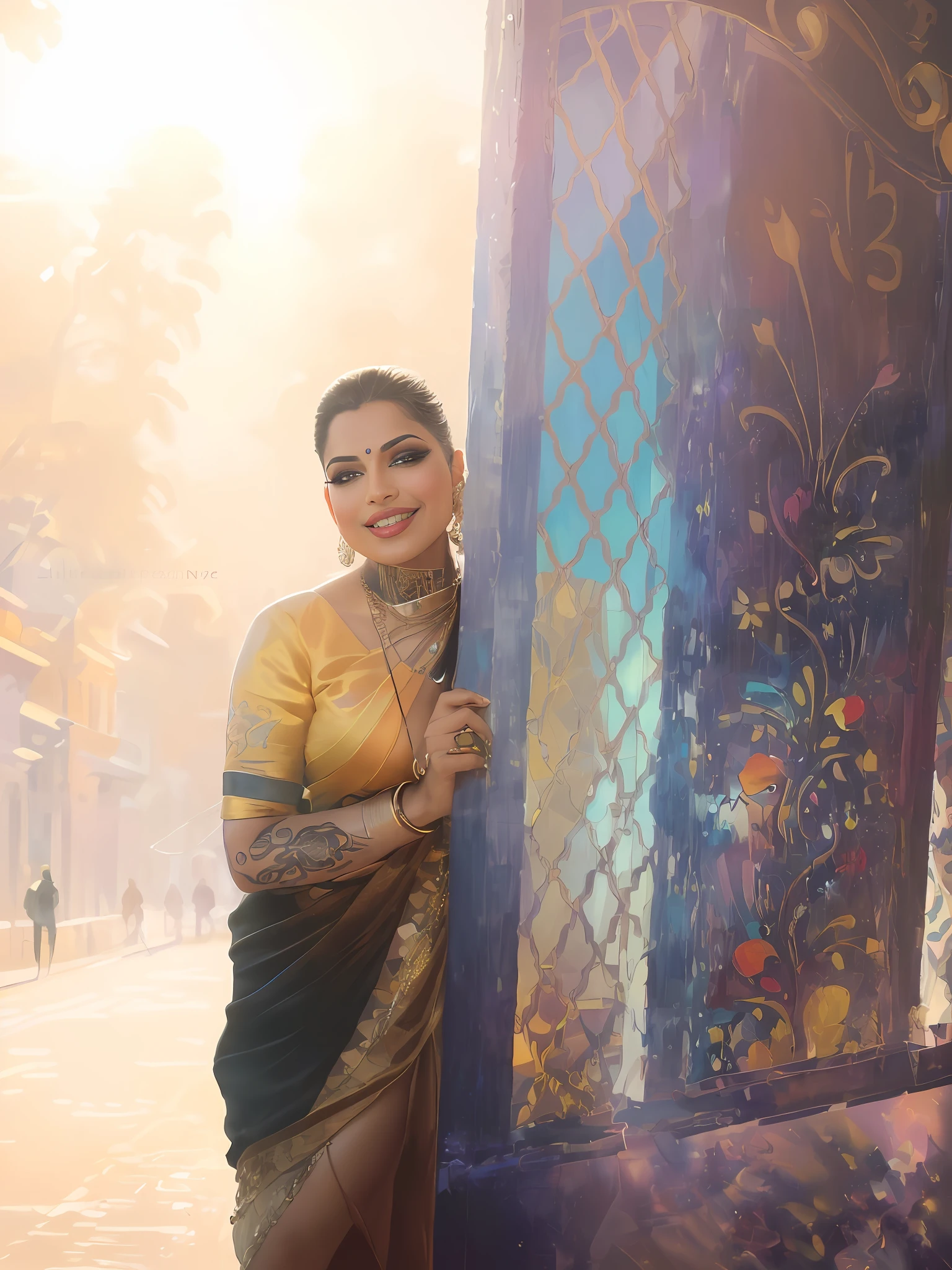 (masterpiece impressionist oil painting of a solo:1.2) alluring sexy tall curvy (18 yr old) Indian Supermodel Priyanka Chopra  walking in style on a a street at night, (wearing Blingy jewel encrusted jacket & sexy embroidered skirt:1.3). (deep neckline),hip hop energy, maximalism, (heavily tattooed:1.3),  (indian makeup & jewelry:1.2) short brown wavy hair with highlights,, vivacious, lustful glance, exhilarated (beautiful detailed eyes:1.1) , (flirty bright smile:1.2), blingy shopping district,(intense dramatic light:1.4), backlit, light rays, highly detailed, trending on artstation, paint splashes, rich colour, dazzling lights all around, (perfect wavy hairstyles), abstract portrait, by Atey Ghailan