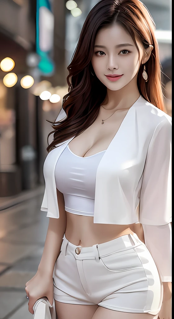 (8k, best quality, masterpiece:1,2), (realistic, photo-realistic:1,37), top quality, masterpiece, a beautiful woman, wearing a shirt for women crop v neck top white t-shirt korean fashion women t with a tight open gray color jacket, beautiful and toned body, cleavage, floral mini skirt, walking in the suburbs, slightly drizzling night background, in shops with Korean-style shop lights, night atmosphere, slightly wet asphalt, seductive smiles with dimples,