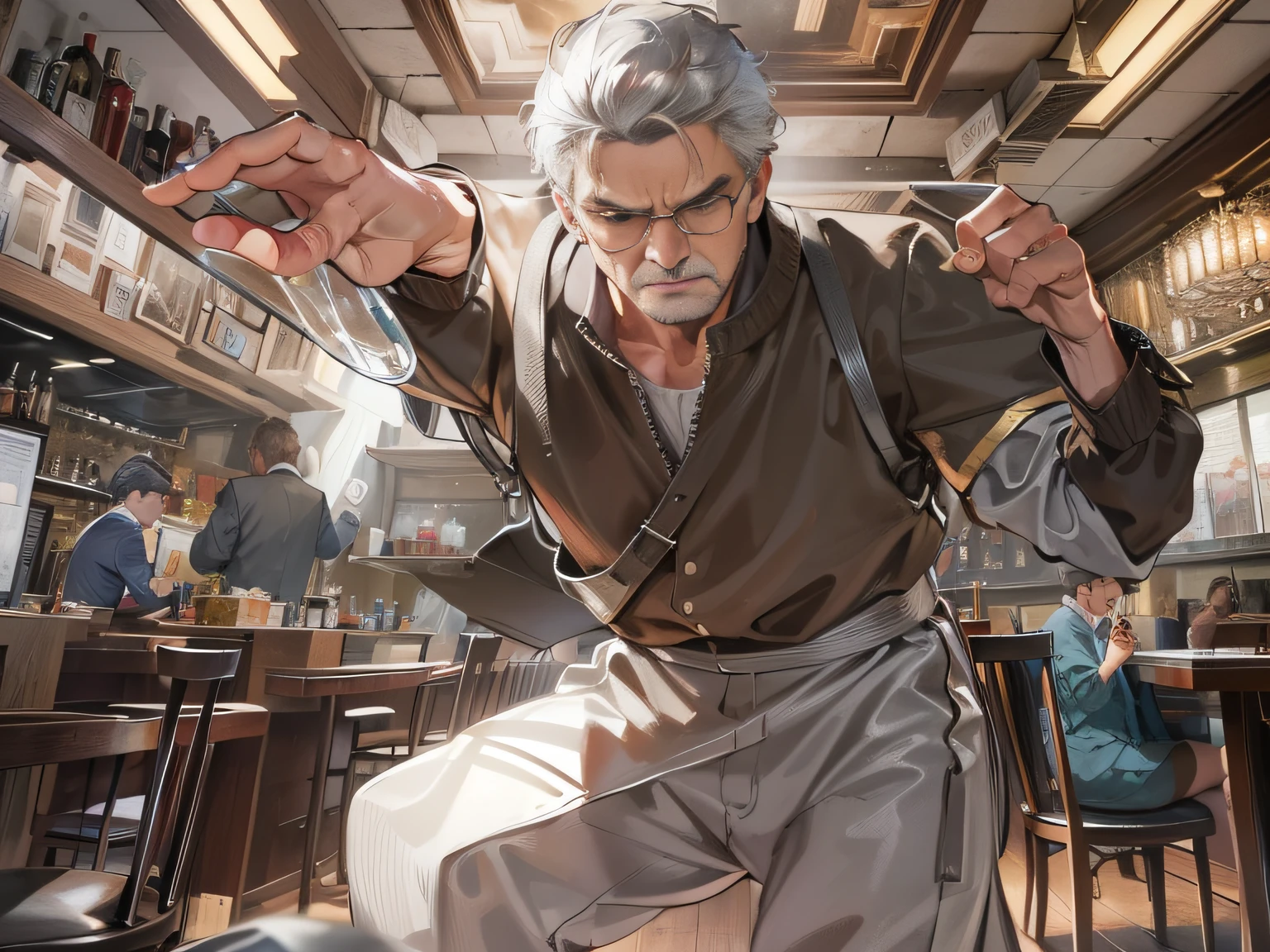 A 55-year-old middle-aged man with short brown hair and a silver Tang suit，Raise a chair and smash it against the restaurant glass，Expression of anger，grand master，tmasterpiece，8k wallpaper，CG，Ultra-high image quality，light and shadow effect