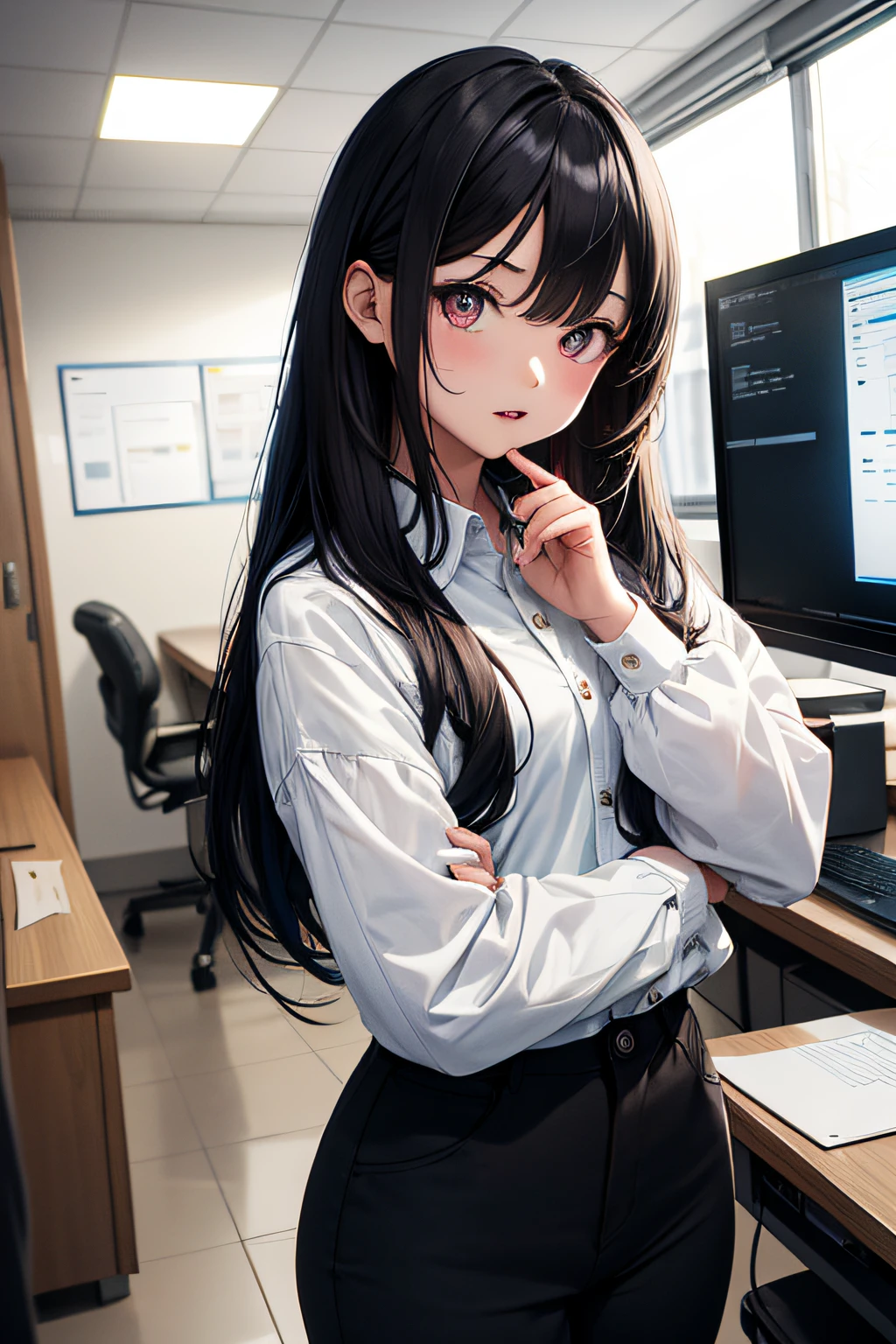 new, (gradient hair), film grain, chromatic aberration, daoshi, Masterpiece, Best Quality, Raw foto, Photorealistic, absurderes, 27-year-old woman, Cute, perspective, cowboy shots, high resolucion, The ultra-detailliert, detailed eyes and face, sharp pupils, Realistic pupils, Sharp focus, 夏天, natta, Girl standing in front of office computer, Black hair, Slightly open mouth, Looking straight ahead