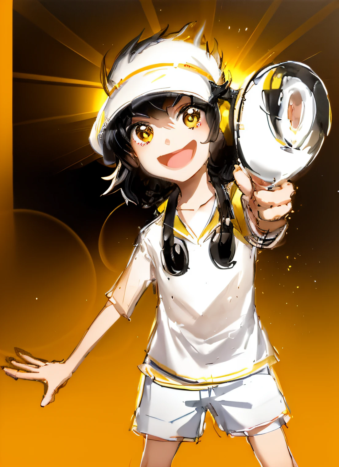 A little boy with black hair wearing a sun hat,Wear yellow headphones,In a white blouse shirt,White pants,Point the bitten hot dog at the camera,Laughed happily,Fair skin,