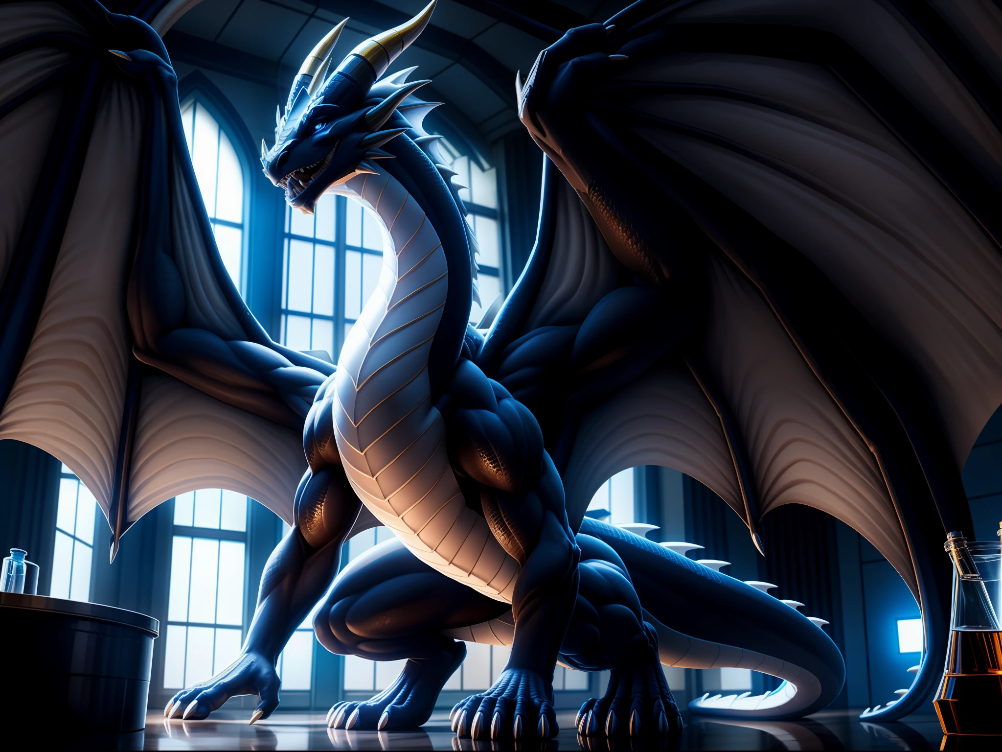 Dragon image：Western Dragon，Delicate faucets，Thin dragon tail，Huge dragon claws，Gorgeous Dragon Horn，White body，Blue vertical pupils，Ambient lighting，Excellent detail throughout the body，The white dragon spreads its wings，extreme hight detail，Ray traching，Fine shadows，Best shadow effect，Masterpiece 8K HD，Huge body，full bodyesbian，large tall，Strong body，Delicate scales，muscular toned，Located in the laboratory。