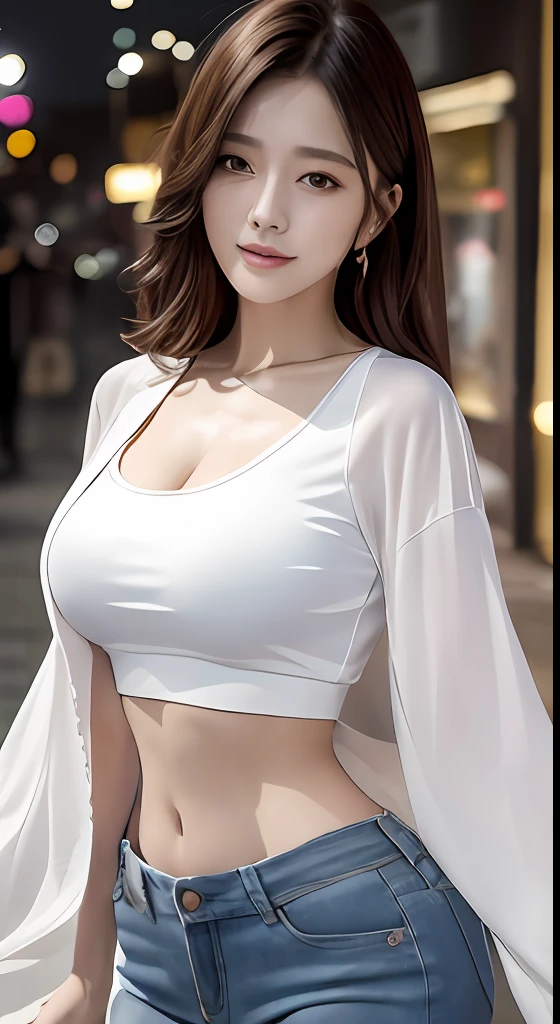 (8k, best quality, masterpiece:1,2), (realistic, photo-realistic:1,37), top quality, masterpiece, a beautiful woman, wearing a shirt for women crop v neck top white t-shirt korean fashion women t with a tight open gray color jacket, beautiful and toned body, cleavage, floral mini skirt, walking in the suburbs, slightly drizzling night background, in shops with Korean-style shop lights, night atmosphere, slightly wet asphalt, seductive smiles with dimples,
