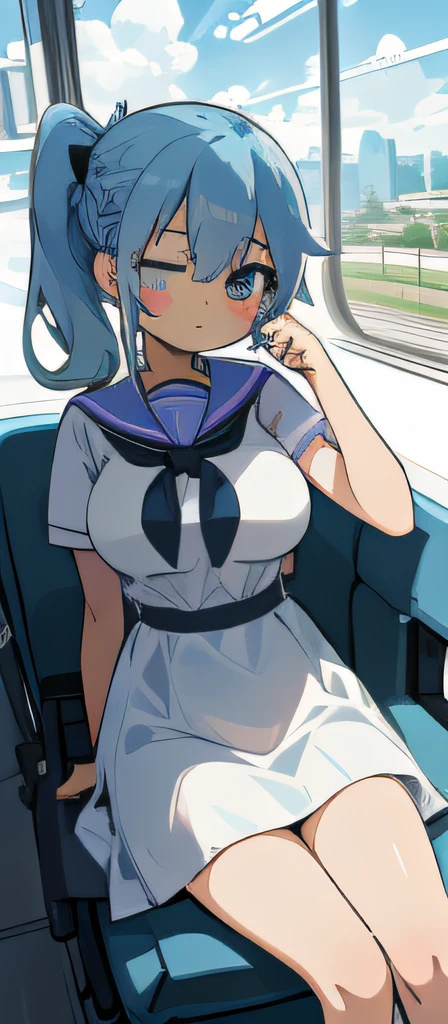 (Highly detailed CG Unity 8k wallpaper), (Best Quality), (Super Detail), (Best Illustration), (Best Shadow), POV, Realistic lighting and shading, Natural light, Lens flare effect, Dramatic Angle, 2 beautiful girls, Sitting, on train, Train seats, Sunset, And (Highly detailed CG Unity 8k wallpaper), (Best Quality), (Super Detail), (Best Illustration), (Best Shadow), POV, Realistic lighting and shading, Natural light, Lens flare effect,BREAK,The first beautiful girl:(Cute:1.5),(Chibi:0.8), (kawaii:1.5),(Lori:0.5),(17 Women:1.0),{Heterochromia,pale blue eyes,pale green eyes:1.5}, star eye silhouette, (Pink hair, Medium length:1.2), (Braids:1.1),(Large breasts:1.5),White Dress,Dramatic Angle,BREAK, Second Beautiful Girl: (Cute:1.5),(Chibi:0.8), (kawaii:1.5),(Lori:0.5),{Heterochromia,pale blue eyes,pale green eyes:1.5}, star eye silhouette,((Light blue hair,Side Ponytail,Semi-long hair:1.5)),child, Large breasts, Head tilt, Closing eyes,a sailor suit,