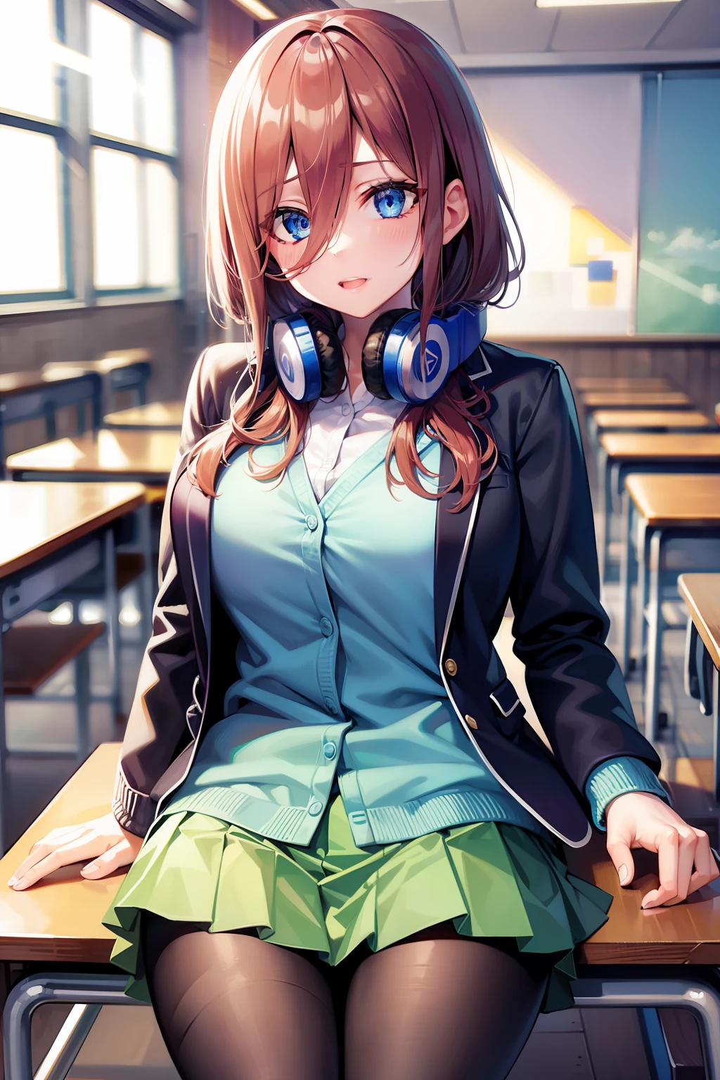 mikunakano, miku nakano, long hair, bangs, blue eyes, brown hair, shirt, hair between eyes, headphones, cardigan, headphones around neck,
BREAK skirt, shirt, long sleeves, white shirt, pantyhose, pleated skirt, black pantyhose, cardigan, green skirt, blue cardigan,
BREAK indoors, classroom,
BREAK looking at viewer, BREAK (masterpiece:1.2), best quality, high resolution, unity 8k wallpaper, (illustration:0.8), (beautiful detailed eyes:1.6), extremely detailed face, perfect lighting, extremely detailed CG, (perfect hands, perfect anatomy),