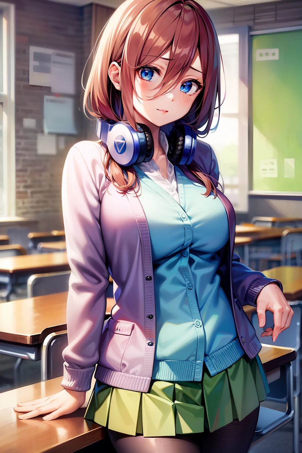 mikunakano, miku nakano, long hair, bangs, blue eyes, brown hair, shirt, hair between eyes, headphones, cardigan, headphones around neck,
BREAK skirt, shirt, long sleeves, white shirt, pantyhose, pleated skirt, black pantyhose, cardigan, green skirt, blue cardigan,
BREAK indoors, classroom,
BREAK looking at viewer, BREAK (masterpiece:1.2), best quality, high resolution, unity 8k wallpaper, (illustration:0.8), (beautiful detailed eyes:1.6), extremely detailed face, perfect lighting, extremely detailed CG, (perfect hands, perfect anatomy),