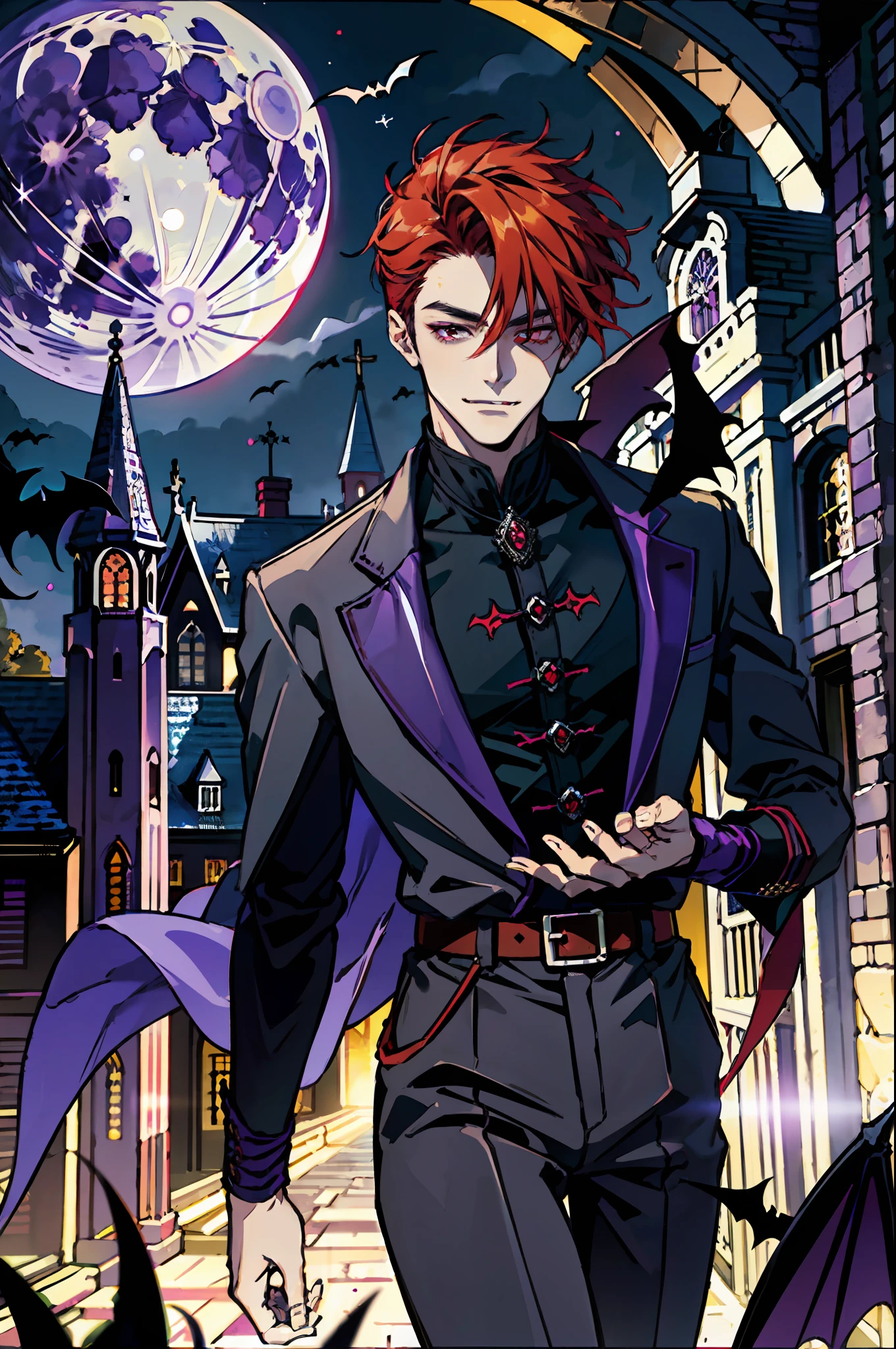 1 boy, Vampires, ancient costumes, elegant, noble. He was smiling friendly, showing fangs, colorful red hair, glowing red eyes against perfect, fair skin. In the background is a purple church window, with moonlight reflected in the background, with bats flying around. All of this is in a beautiful light and shadow, making it look amazing. ((Purple Moon))) Clear face) Perfect hands), toned, sexy body, clothes are still visible, crotch has a volume of padding.