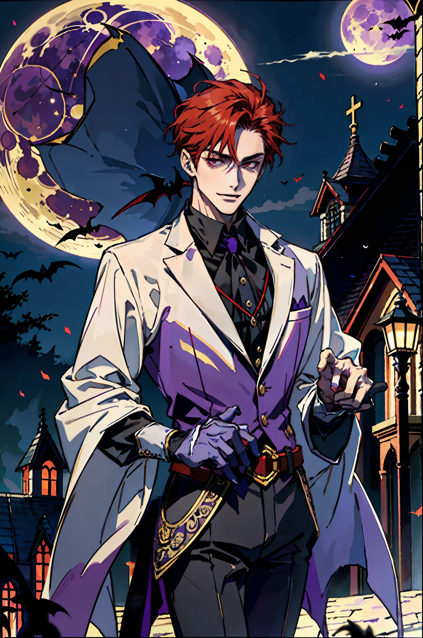 1 boy, Vampires, ancient costumes, elegant, noble. He was smiling friendly, showing fangs, colorful red hair, glowing red eyes against perfect, fair skin. In the background is a purple church window, with moonlight reflected in the background, with bats flying around. All of this is in a beautiful light and shadow, making it look amazing. ((Purple Moon))) Clear face) Perfect hands), toned, sexy body, clothes are still visible, crotch has a volume of padding.