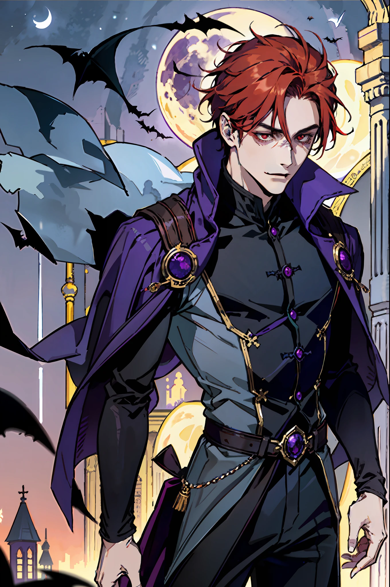 1 boy,  Vampires, ancient costumes, elegant, noble. He was smiling friendly, showing fangs, colorful red hair, glowing red eyes against perfect, fair skin. In the background is a purple church window, with moonlight reflected in the background, with bats flying around. All of this is in a beautiful light and shadow, making it look amazing. ((Purple Moon))) Clear face) Perfect hands), toned, sexy body, clothes are still visible, crotch has a volume of padding.