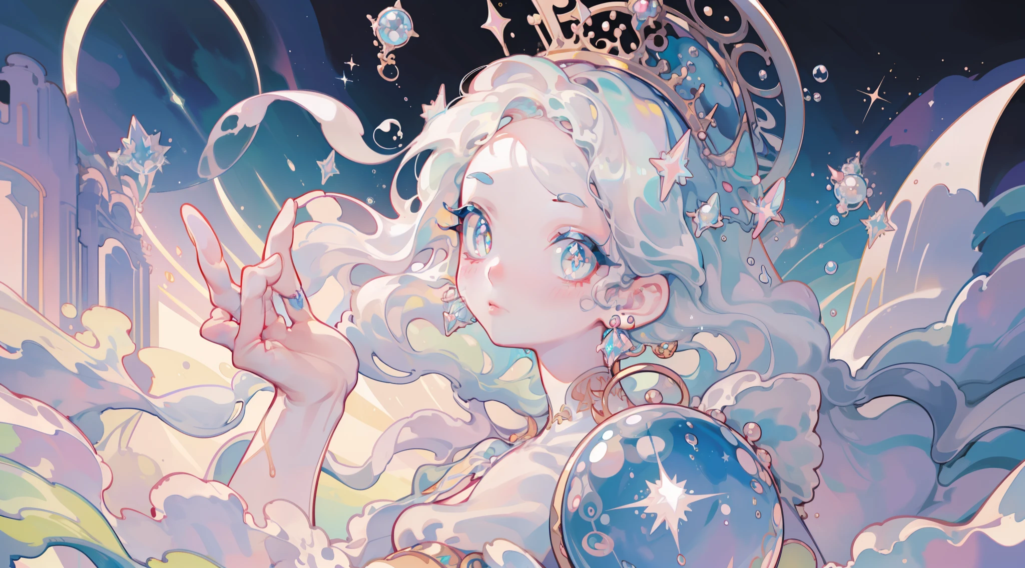 masterpiece, best quality, 8k resolution, sharp focus, intricate detail, beautiful girl, sparkling eyes, golden ratio face, otherworldly liquid, watercolor, ((pastel colors)), bright colors, whimsical, colorful, sharp focus, high resolution, fine detail, princess fantasy ballgown, ((round eyes)), iridescent bubbles, castle landscape in background
