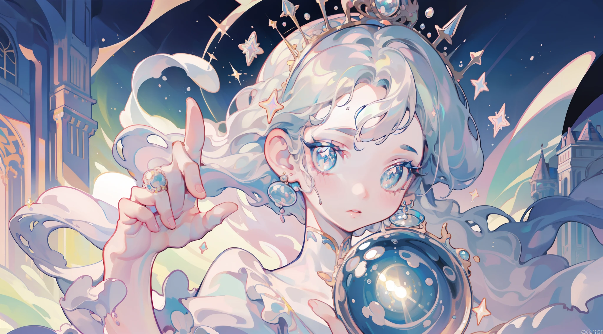 masterpiece, best quality, 8k resolution, sharp focus, intricate detail, beautiful girl, sparkling eyes, golden ratio face, otherworldly liquid, watercolor, ((pastel colors)), bright colors, whimsical, colorful, sharp focus, high resolution, fine detail, princess fantasy ballgown, ((round eyes)), iridescent bubbles, castle landscape in background