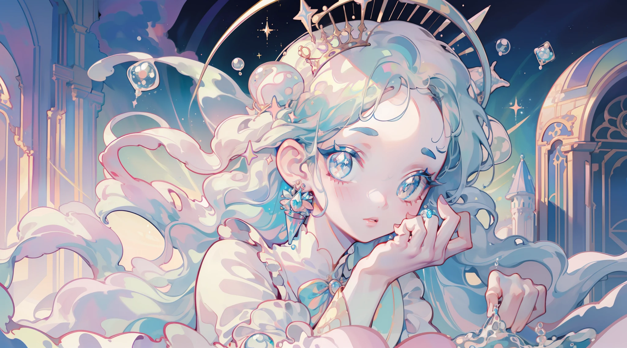 masterpiece, best quality, 8k resolution, sharp focus, intricate detail, beautiful girl, sparkling eyes, golden ratio face, otherworldly liquid, watercolor, ((pastel colors)), bright colors, whimsical, colorful, sharp focus, high resolution, fine detail, princess fantasy ballgown, ((round eyes)), iridescent bubbles, castle landscape in background