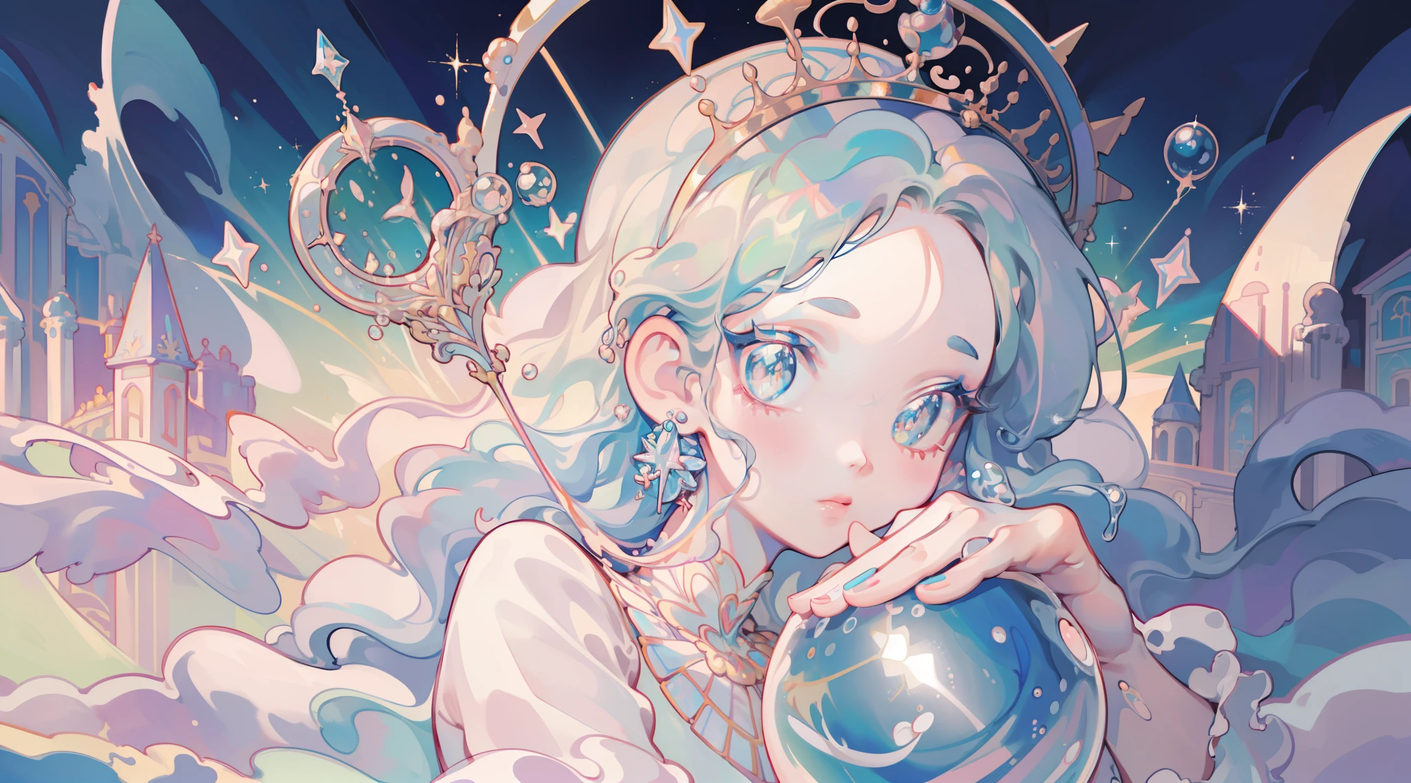 masterpiece, best quality, 8k resolution, sharp focus, intricate detail, beautiful girl, sparkling eyes, golden ratio face, otherworldly liquid, watercolor, ((pastel colors)), bright colors, whimsical, colorful, sharp focus, high resolution, fine detail, princess fantasy ballgown, ((round eyes)), iridescent bubbles, castle landscape in background
