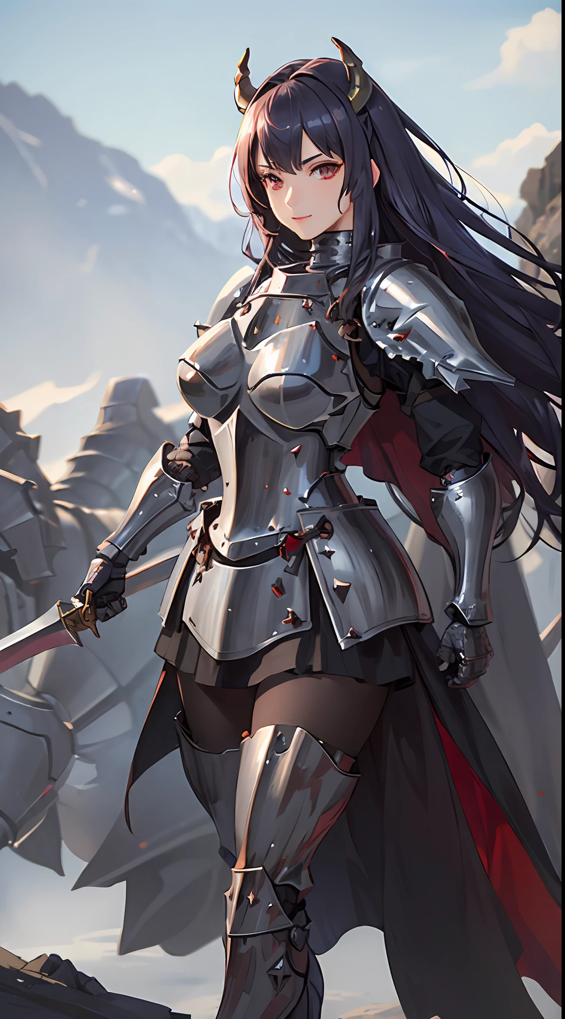 1girl, solo, armored boots, black stocking, red skirt, masterpiece, best quality, realistic, hyper-detailed, (shiny skin:1.4), absurd, looking at viewer, long purple hair, blunt bang hairstyle, red calm eyes, demon horn, slender, dynamic lighting, high resolution, sharp focus, depth of field, (detailed eyes: 1.8), sharp pupils, realistic pupils, (armored knight:1.6), breast plate, white armored body, armlet, (holding sword:1.0), knight, outdoor, sky