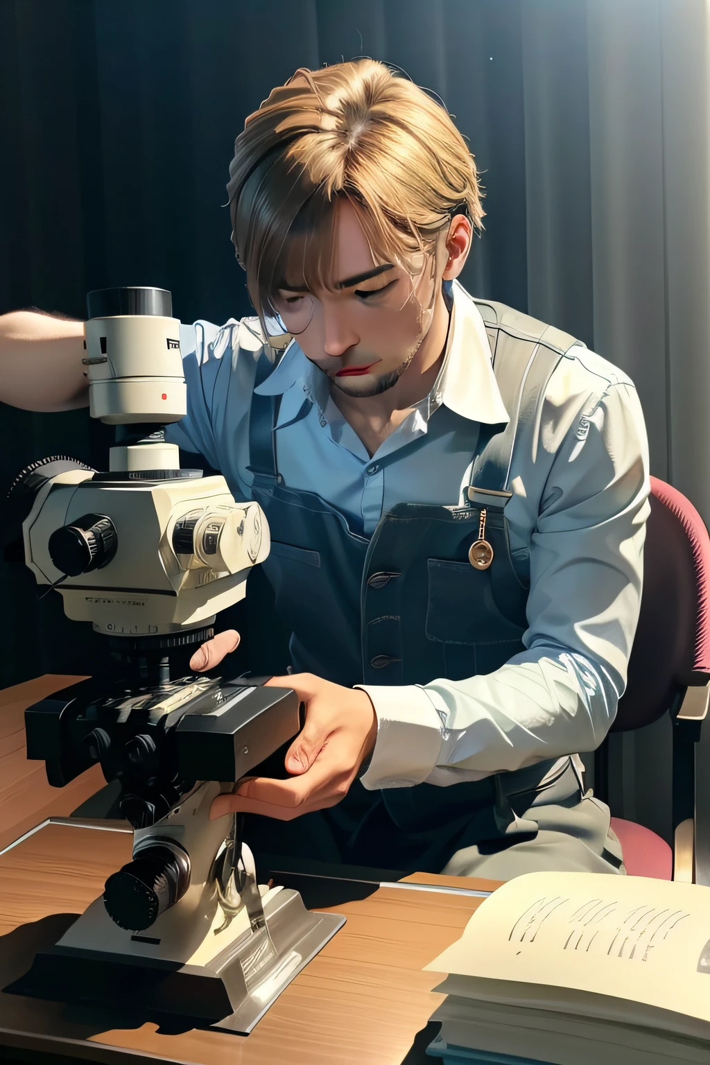 A man is using a microscope to take a closer look,Highlight the work and microscope