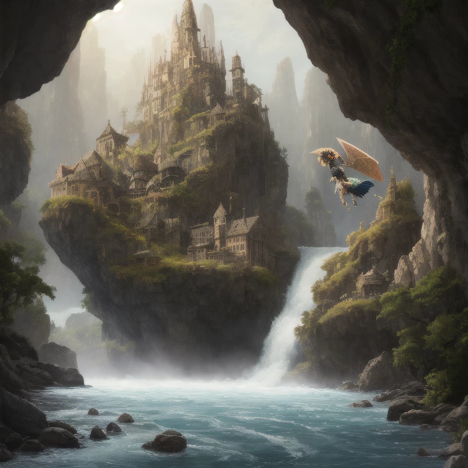 An enchanting and dreamy scene of a fantasy river flowing out of a karst cave, masterpiece, best quality, high quality, extremely detailed CG, with towering trees, hidden fairy glens, creating a sense of mystique and enchantment, artstation, digital illustration, intricate, trending, pastel colors, oil paiting, award winning photography, Photorealistic, extremely detailed, trending on artstation, trending on CGsociety, Intricate, High Detail, dramatic