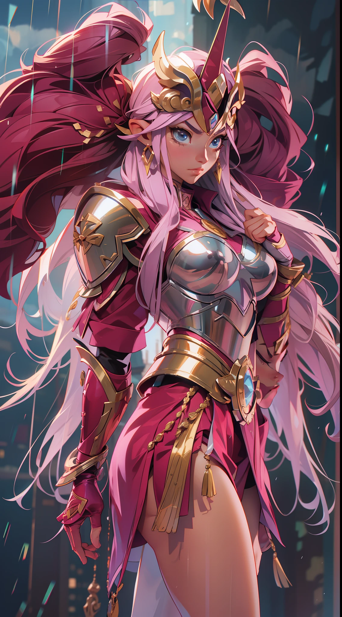 saint seiya, Athena Saori Kido , super strong, muscular, raining, 35mm lens, photography, ultra details, precise texture details HDR, UHD,64K,