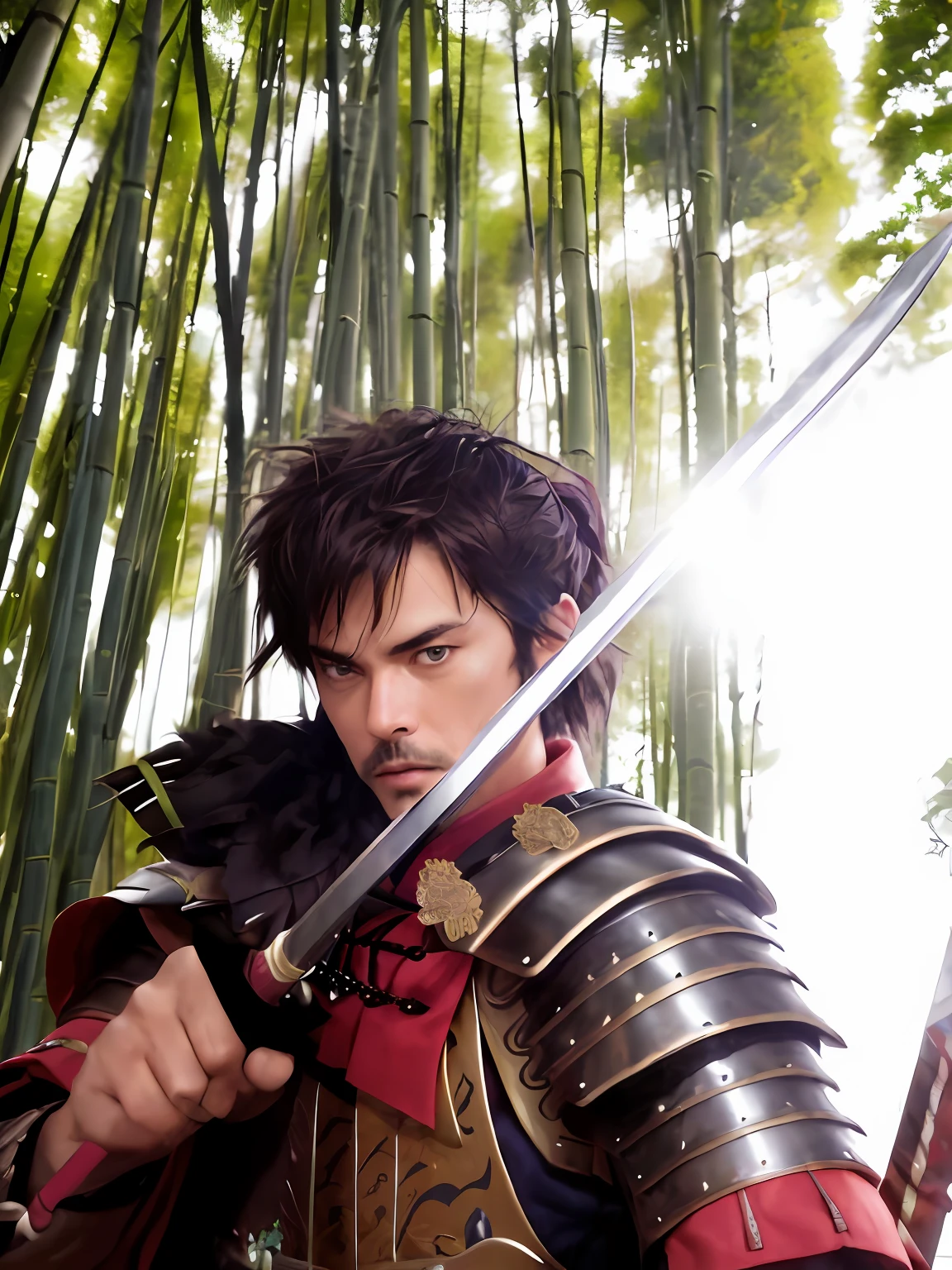 Homem de armadura segurando uma espada na frente de uma floresta de bambu, karl urban as a dragonslayer, como Samurai, epic samurai warrrior, Samurai, guerreiro Samurai, foto de retrato Samurai, Daigo Ikeno, vestido com armadura Samurai, japanese warrior, segurar espada na floresta, Retrato de um guerreiro Samurai