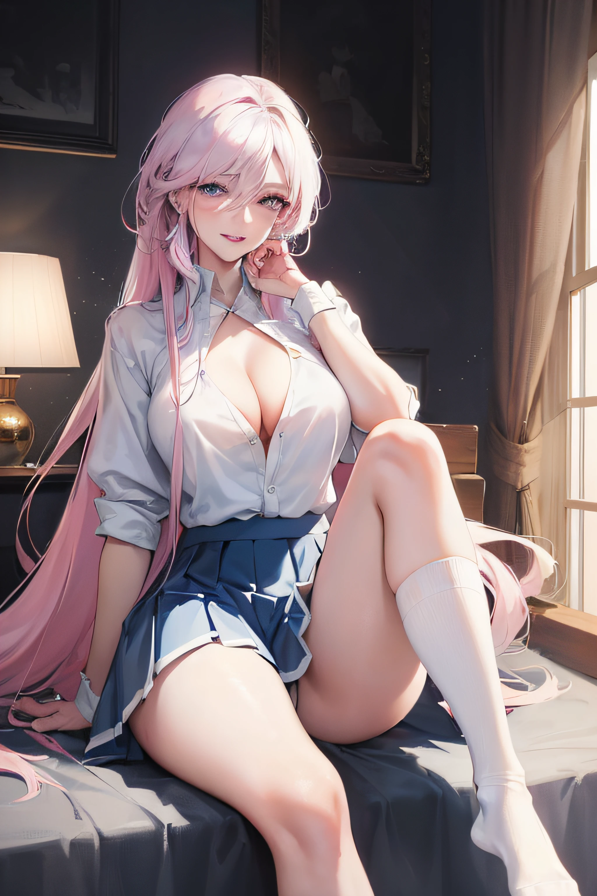 Official fine art,tmasterpiece,Sharp focus,(Beautiful gorgeous lovely Korean women:1.3),(beautiful lovely Korean people:1.3),South Korean beauties,Delicate and beautiful hair and eyes and face,realisticlying,ultra - detailed,a beauty girl,Glowing white particles,(side-lighting:1.2),Slender,Cute big breasts and big buttocks,Toothy laughter,((Laugh and open your eyes)),scenecy,Long straight hair, sexy facial expression, Dynamic hair, Long straight hair, Delicate platinum-pink hair, glow blue eyes, (blue pleated shirt+white skirt), Long white socks, paleskin, hair adornments, Official fine art,tmasterpiece,Sharp focus,(best qualtiy, 8K, tmasterpiece:1.3,Delicate and beautiful hair and eyes and face,realisticlying,ultra - detailed,a beauty girl, Focus:1.2, Perfect figure to sit on the bed:1.4,White shirt,a black pleated skirt,Raise your legs high,White knee-length socks,legs are open,Foot elevation,Realistic details,Black color hair,female high-school student,Lori huge breasts cleavage,pantyless,The lower body is visible