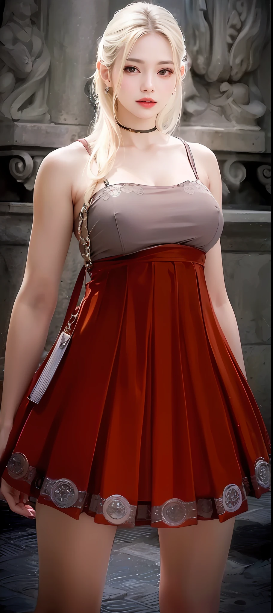 (8k, RAW photo, photorealistic:1.25) ,( lipgloss, eyelashes, gloss-face, glossy skin, best quality, ultra highres, depth of field, chromatic aberration, caustics, Broad lighting, natural shading, Kpop idol) looking at the audience With serenity and goddess-like bliss, sadistic face smile, big breasts