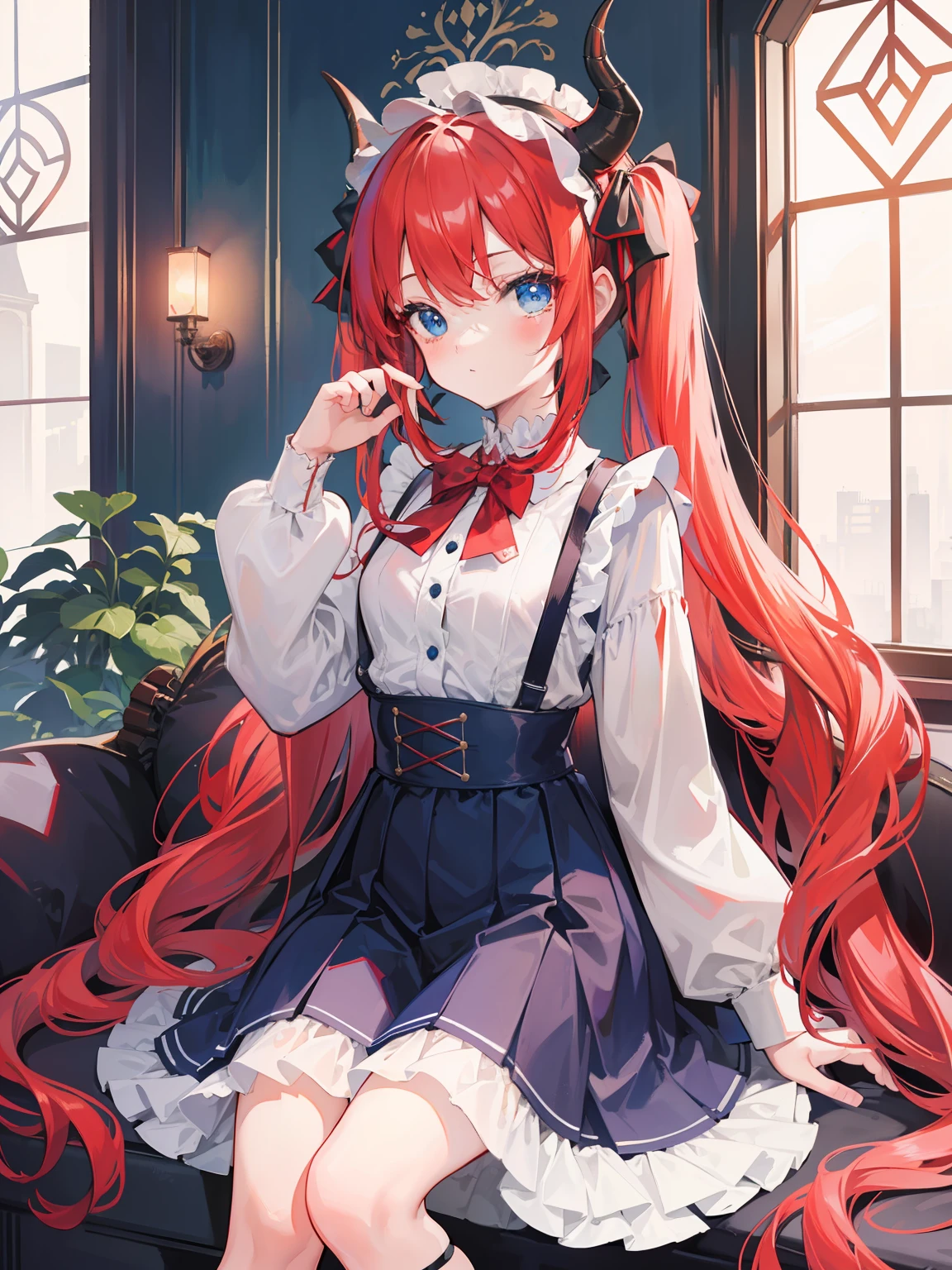 {{best quality}}, {{masterpiece}}, {{ultra-detailed}}, {illustration}, {detailed light}, red hair,blue eyes,twintails,ta,Suspenders skirt,Fantastic,lolio,Dragon horns,little gir