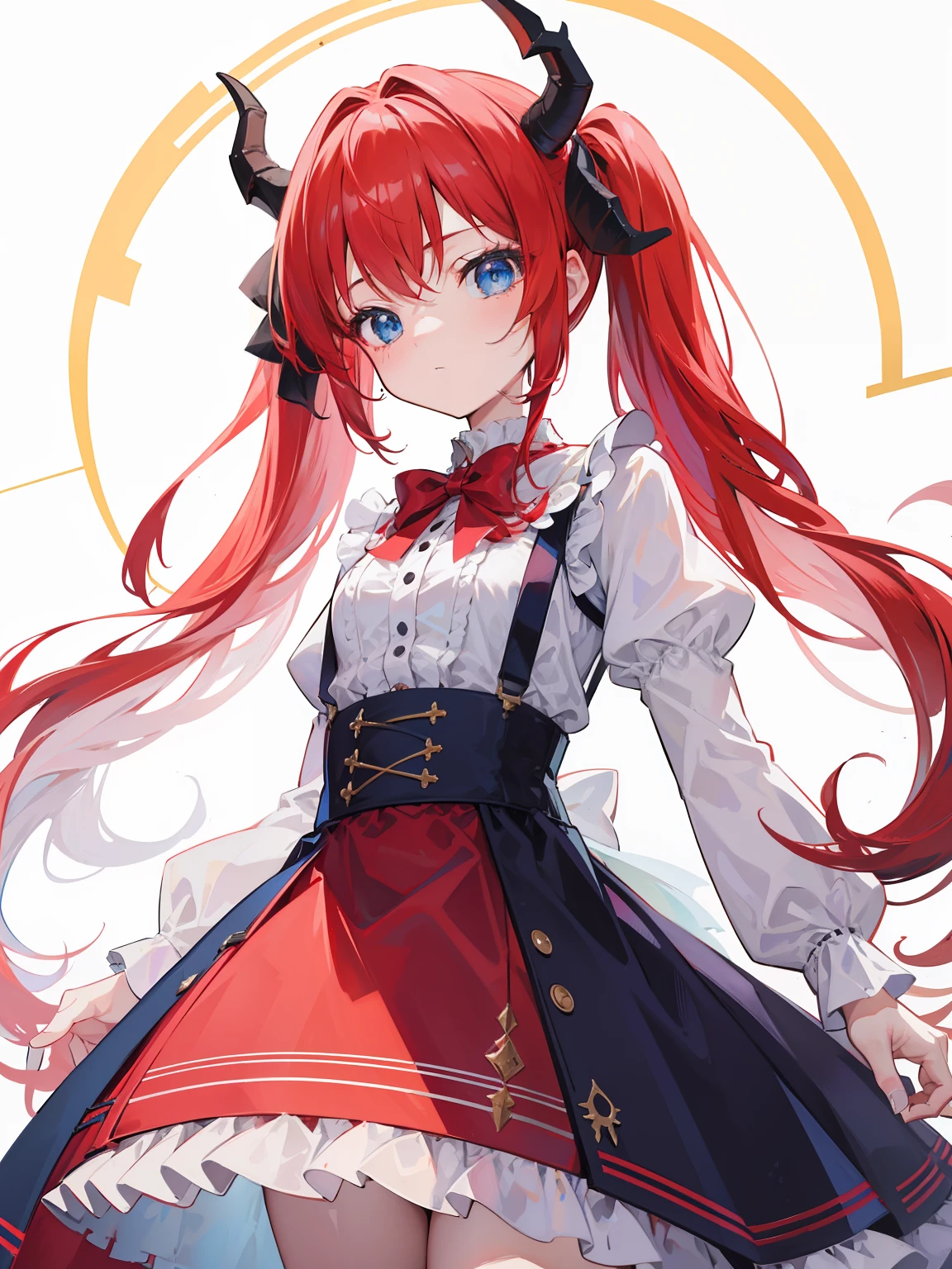 {{best quality}}, {{masterpiece}}, {{ultra-detailed}}, {illustration}, {detailed light}, red hair,blue eyes,twintails,lolita,Suspenders skirt,Fantastic,loli,solo,Dragon horns, girl,long hair