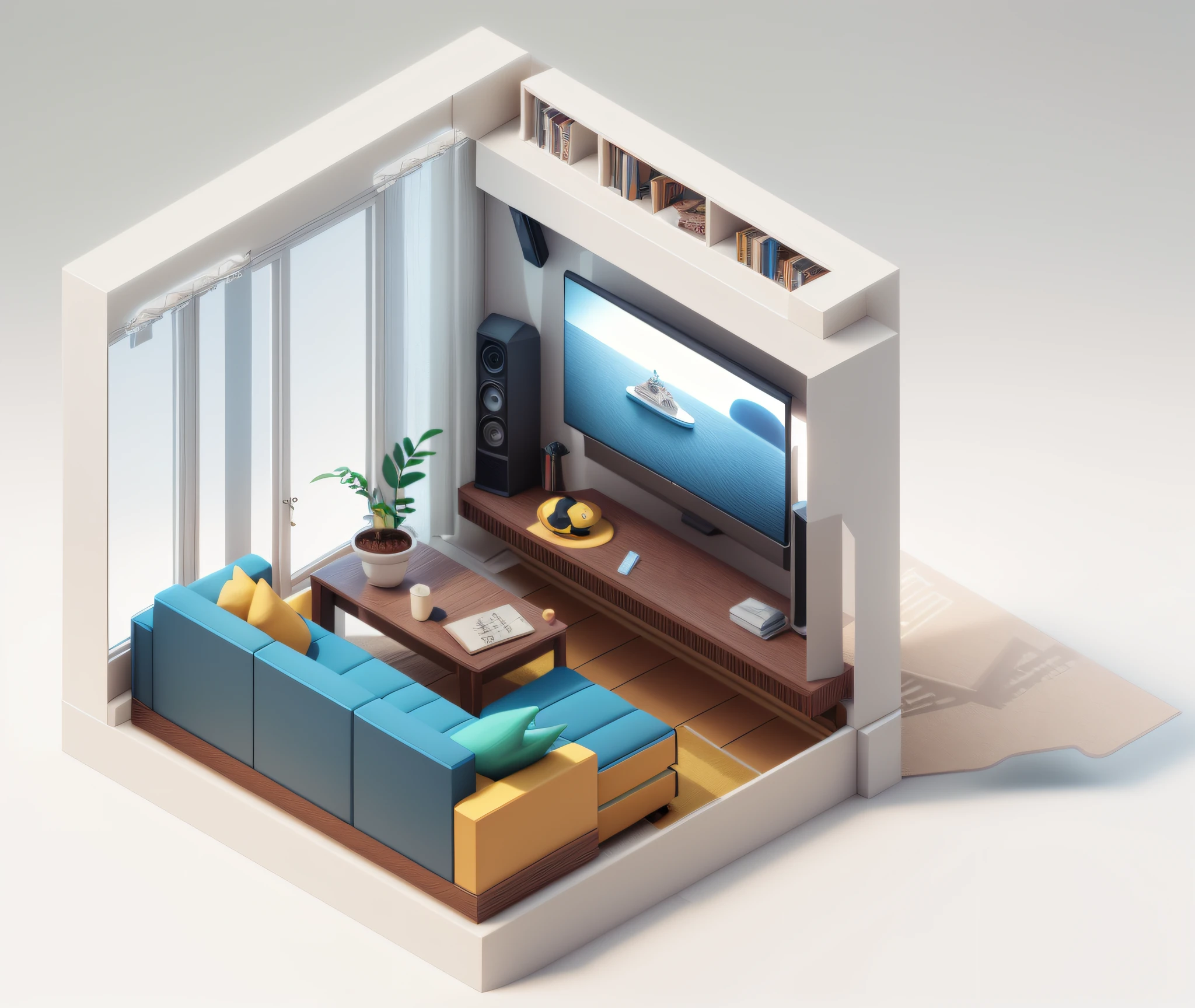 (Isometric perspective:1.5),(Pixar style:1.2), Room, bed, sofa,(small bonsai:0.8),desk lamp, TV, mural, 3D,Disney,Panoramic photo,White background, solid background,Global illumination, raytracing, modeling,HDR,octane render,unreal render,behance,dribbble,artstation,best quality, 8k,