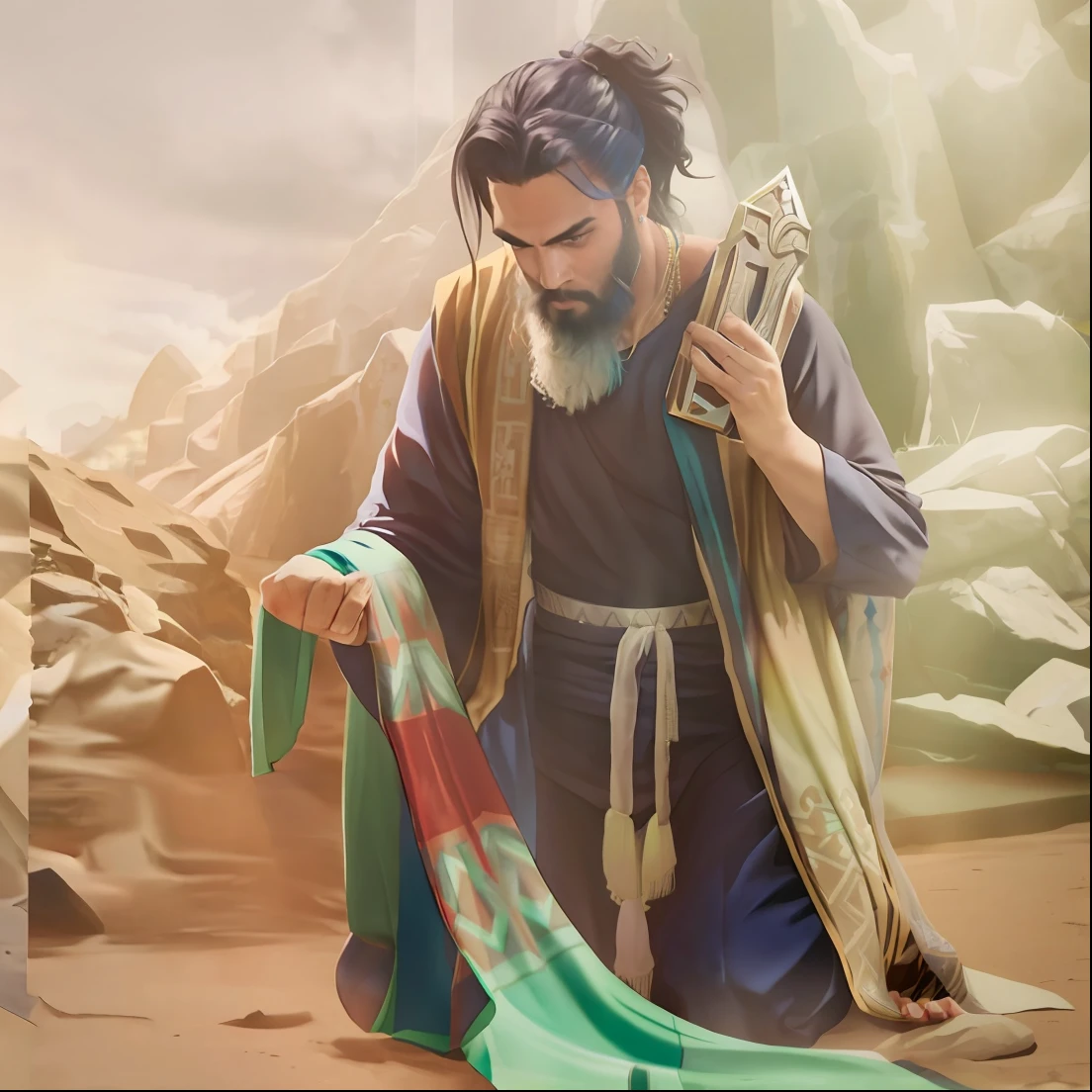 Homem arafed em um manto azul sentado em um campo com um rebanho de ovelhas, ainda de um filme live action, ainda de um filme de fantasia, filme ainda do filme, ainda do filme, holy man looking down at the ground, inspirado em Kailash Chandra Meher, jason momoa as assyrian, filme promocional ainda, dog as a god