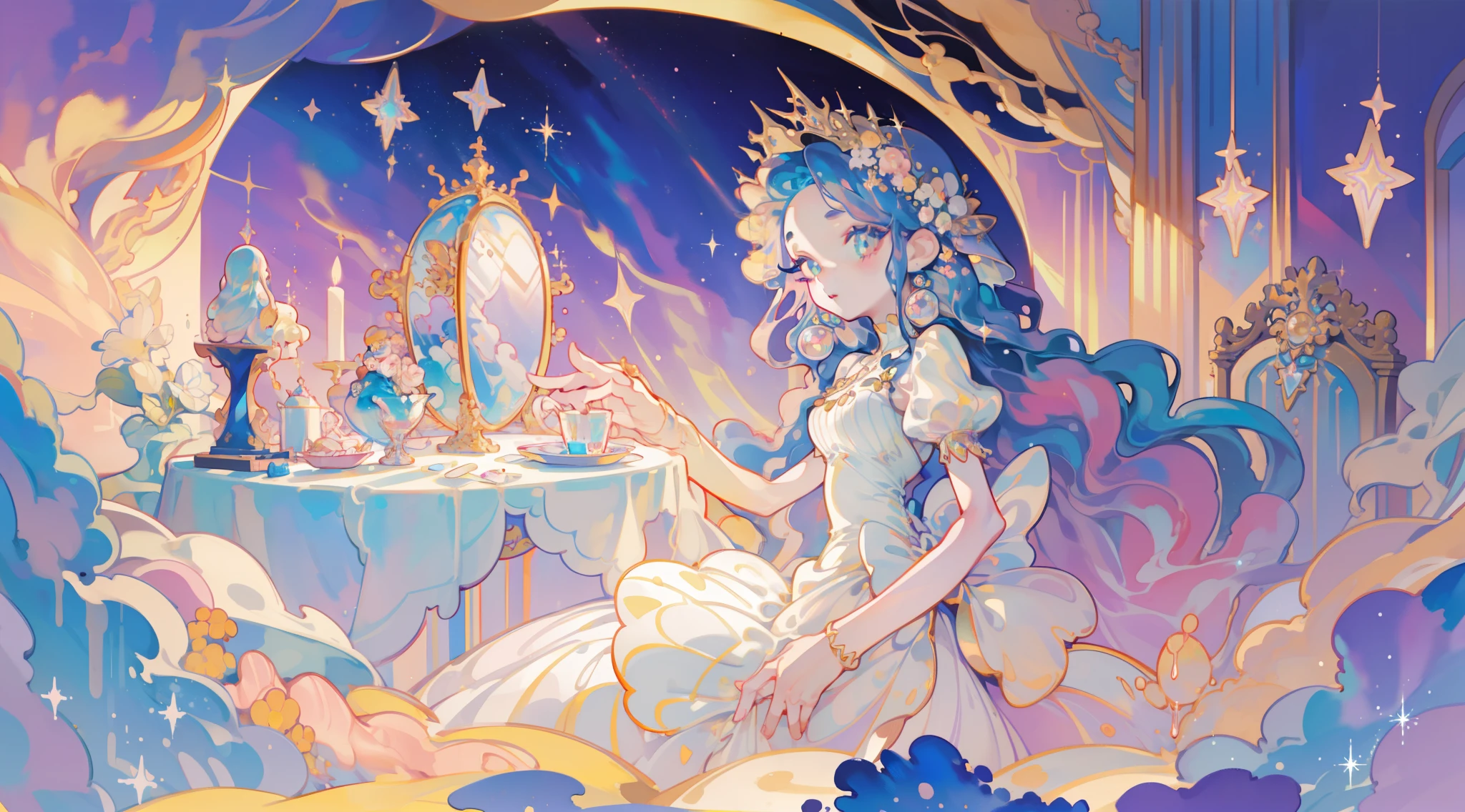 masterpiece, best quality, 8k resolution, sharp focus, intricate detail, beautiful girl, sparkling eyes, golden ratio face, otherworldly liquid, watercolor, ((pastel colors)), bright colors, whimsical, colorful, sharp focus, high resolution, fine detail, princess fantasy ballgown, ((round eyes)), iridescent bubbles, castle landscape in background