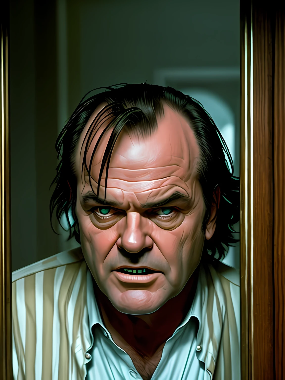 "🎞️👨🦳 Jack Nicholson as a terrifying and iconic character in 'The Shining' movie, capturing the essence of his chilling performance, emphasizing the intense lighting and haunting atmosphere. 🚪🪓🔪"