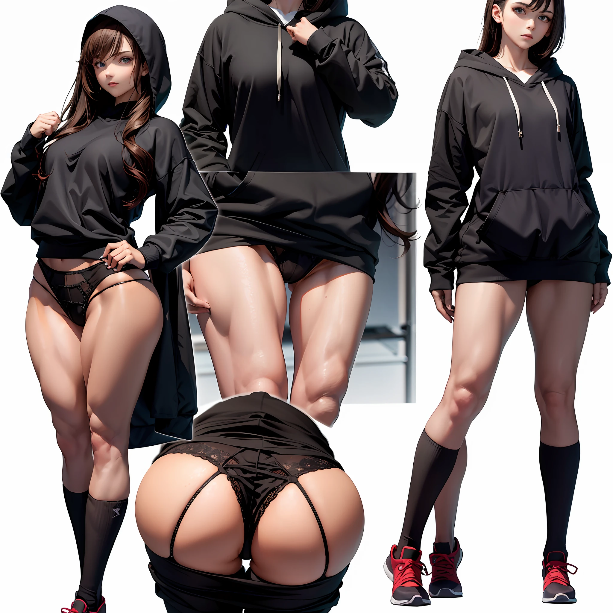body builder, musuclar, hoodie oversized, big assa, 1 mature woman, strong shoulders, shapely body,perfect proportion of body,Long russet hair, tmasterpiece, Best quality at best, shoe, full bodyesbian, Take photos in a fitness pose, beautifully color-coded, sockes, Tight hip leggings on white background, Studio, looks away, Covered with a hood