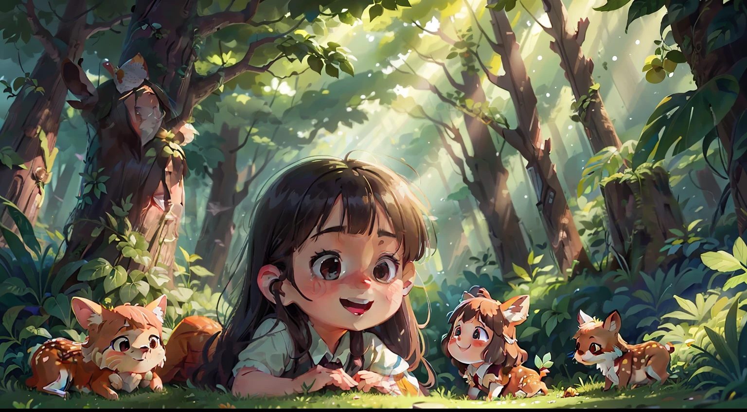 ln the forest,Girls and fawns,Smart,at summer afternoon,relaxed,brightly,Fruit picking,warm lights,Surrounded by greenery,The girl was smiling,large scene,in style of hayao miyazaki,Animated cinematic texture,Whole body diagram,Illustration style,naturey
