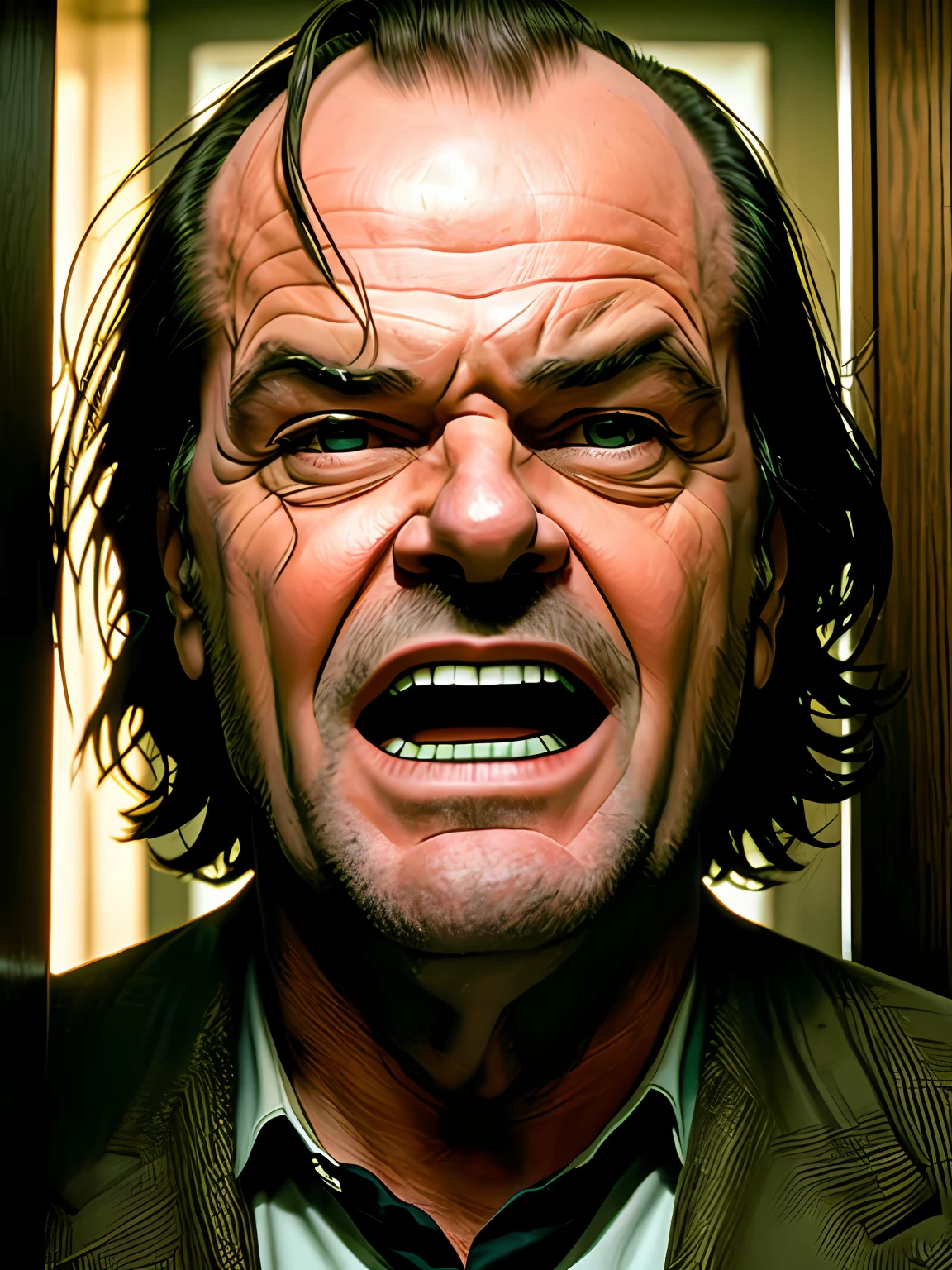 "🎞️👨‍🦳 Jack Nicholson as a terrifying and iconic character in 'The Shining' movie, capturing the essence of his chilling performance, emphasizing the intense lighting and haunting atmosphere. 🚪🪓🔪"