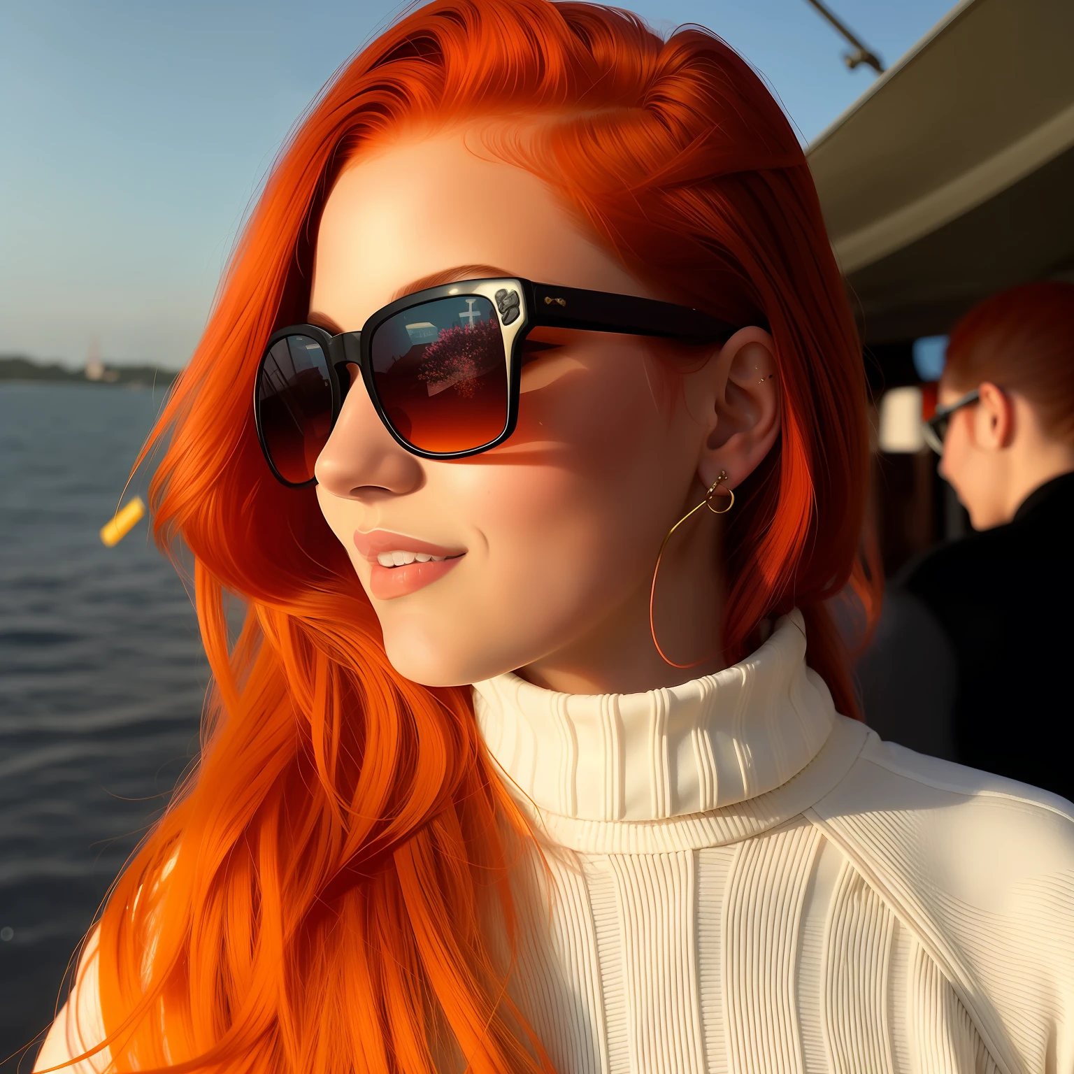 There's a woman with red hair and sunglasses on a boat, mulher jovem de cabelos vermelhos, mulher ruiva, menina ruiva jovem bonito, Redhead Girl, uma jovem ruiva, menina de cabelos vermelhos, mulher com cabelo vermelho, luz solar intensa, with sunglasses, menina do cabelo vermelho, em tempo ensolarado, com cabelos ruivos, Retrato de uma menina de cabelos vermelhos,  illustração, highes definition, estilo cyberpunk